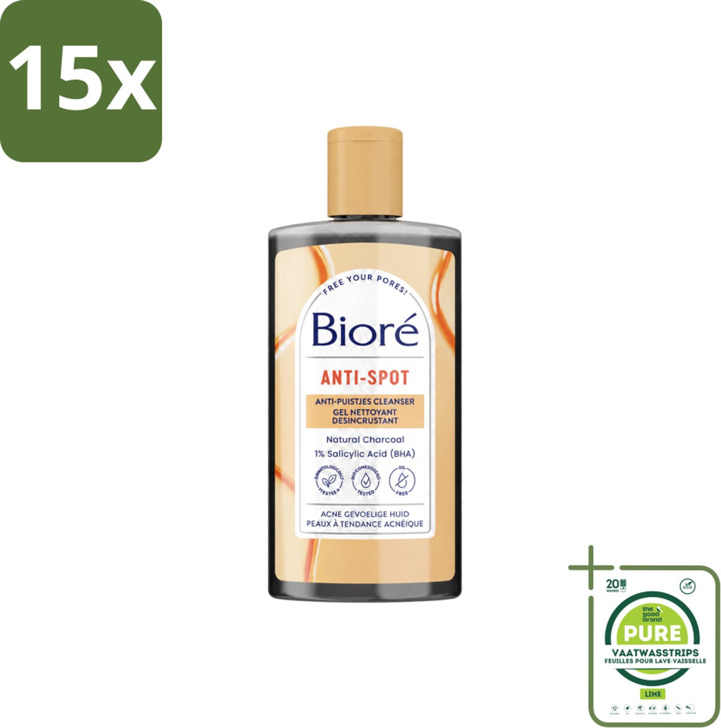 15 x Bioré – Houtskool Anti-Puistjes Reinigingsgel – Gezichtsreiniger – 200 ml - Grootverpakking - Vaatwasstrips - Houtskool Reinigingsgel - Puistjes Voorkomen - Gezicht Reinigen - Salicylzuur - Vet Huid Reinigen