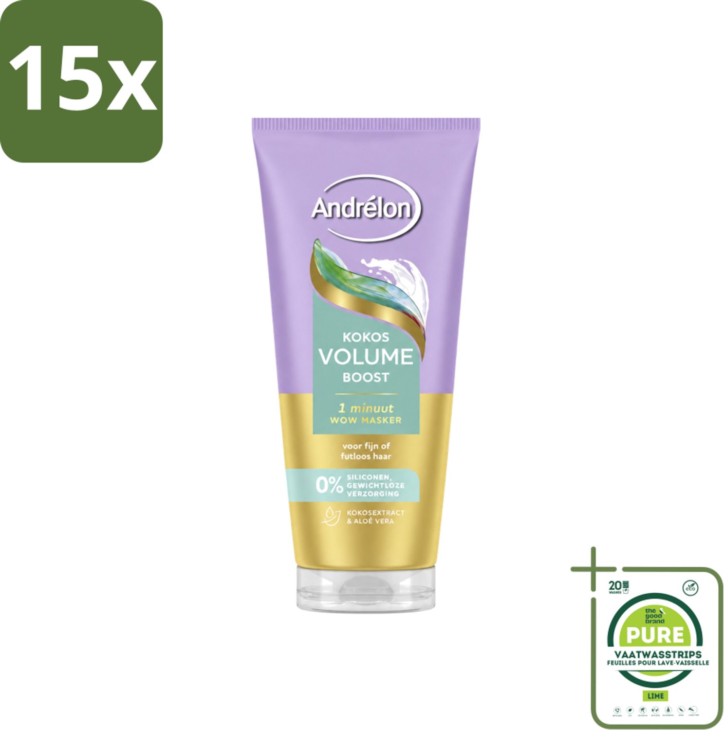 15 x Andrélon – Haarmasker WOW – Kokos Volume Boost – 180 ml - Grootverpakking - Vaatwasstrips - Volume Boost Haar - Fijn Haar Verzorging - Luchtig Haar - Haarmasker 1 Minuut - Kokos Volume