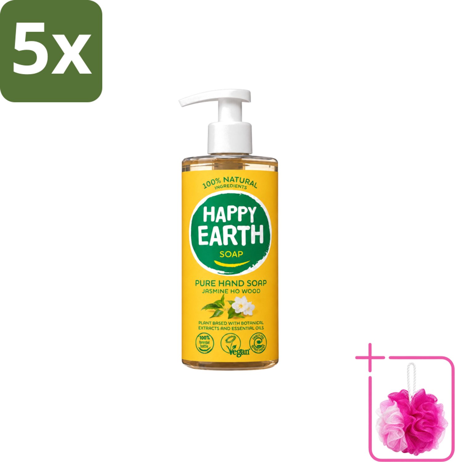 5 x Happy Earth – Handzeep – 100% Natuurlijk Jasmine Ho Wood – 300 ml - Bulkverpakking - Natuurlijke handzeep - Douchemop - Vegan handzeep