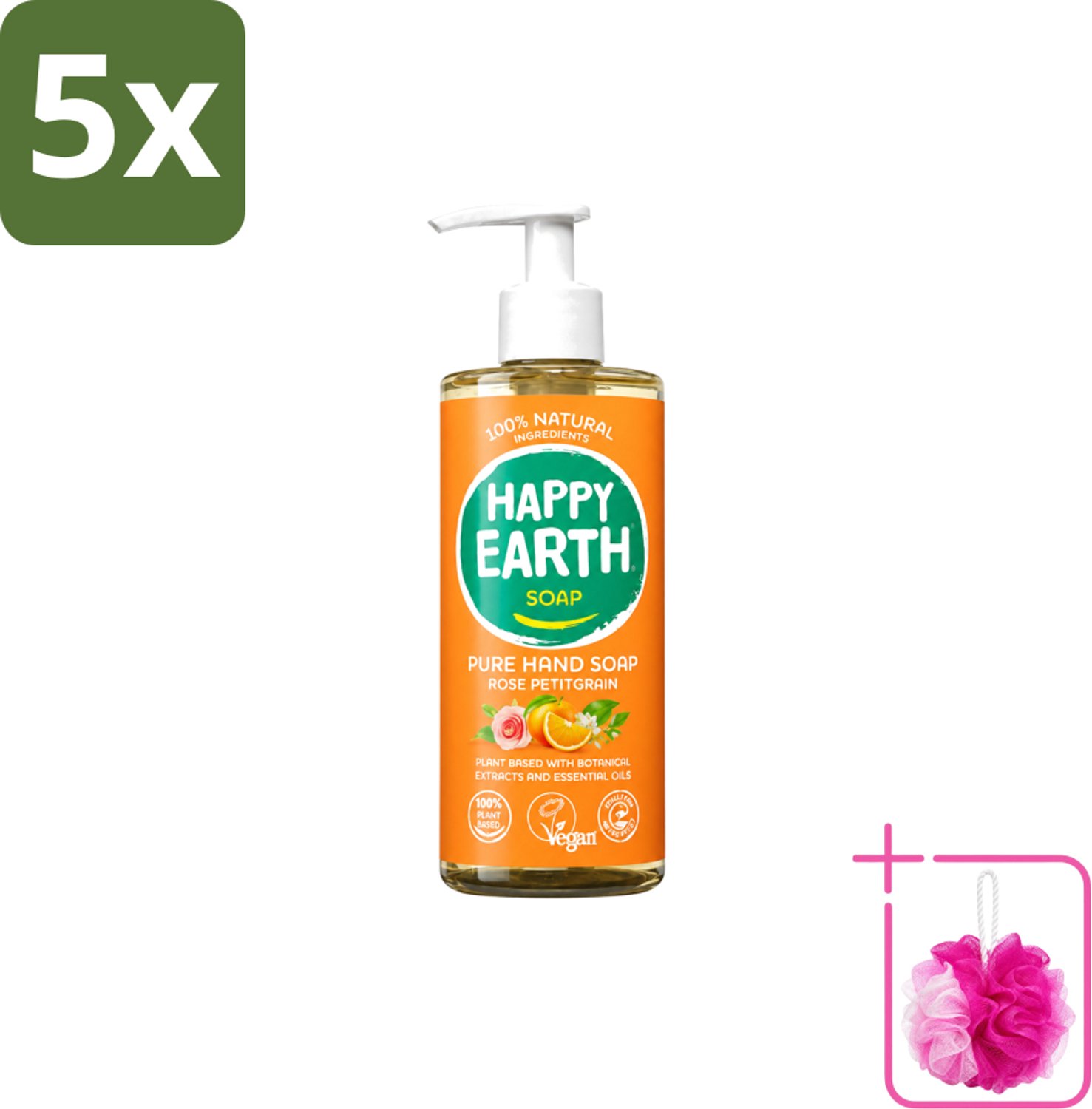 5 x Happy Earth – Handzeep – 100% Natuurlijk Rose Petitgrain – 300 ml - Bulkverpakking - Natuurlijke handzeep - Douchemop - Vegan handzeep