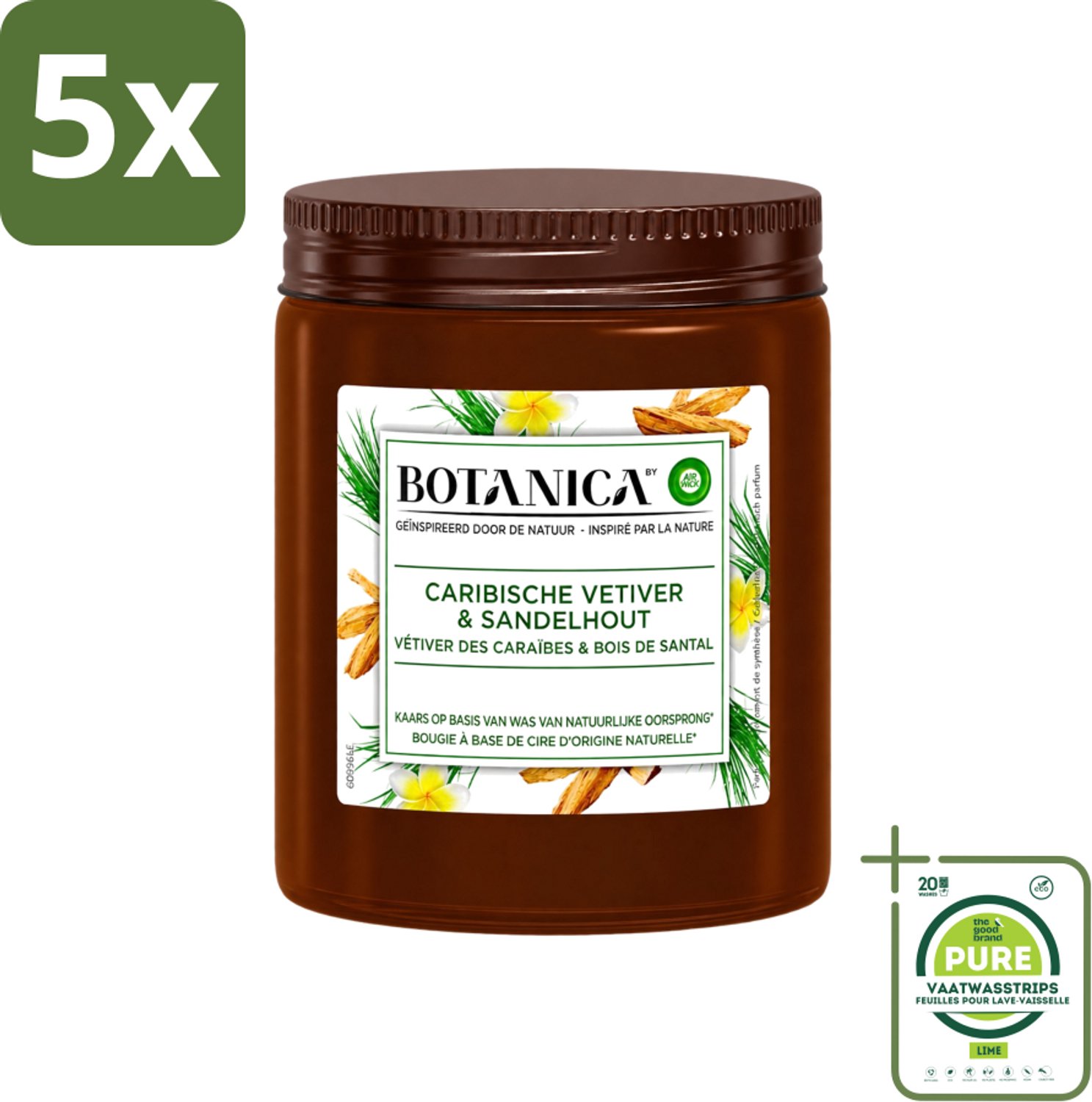 Air Wick 5 x Botanica by Air Wick - Geurkaars - Vetiver & Sandelhout - 40 Uur Brandduur - Grootverpakking - Vaatwasstrips - Geurkaars Vetiver Sandelhout - Vetiver Geur - Sandelhout Geur - Geurkaars 40 Uur - Botanica Geurkaars Bruin
