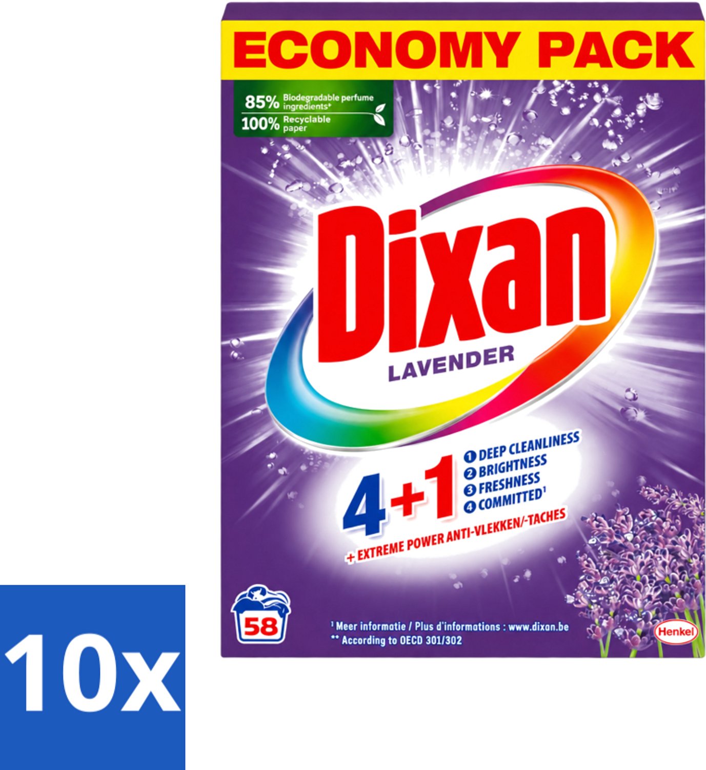10 x Dixan - Waspoeder en Vlekverwijderaar - Witte en Gekleurde Was - Lavendel - 58 Wasbeurten - Voordeelverpakking - 10 stuks