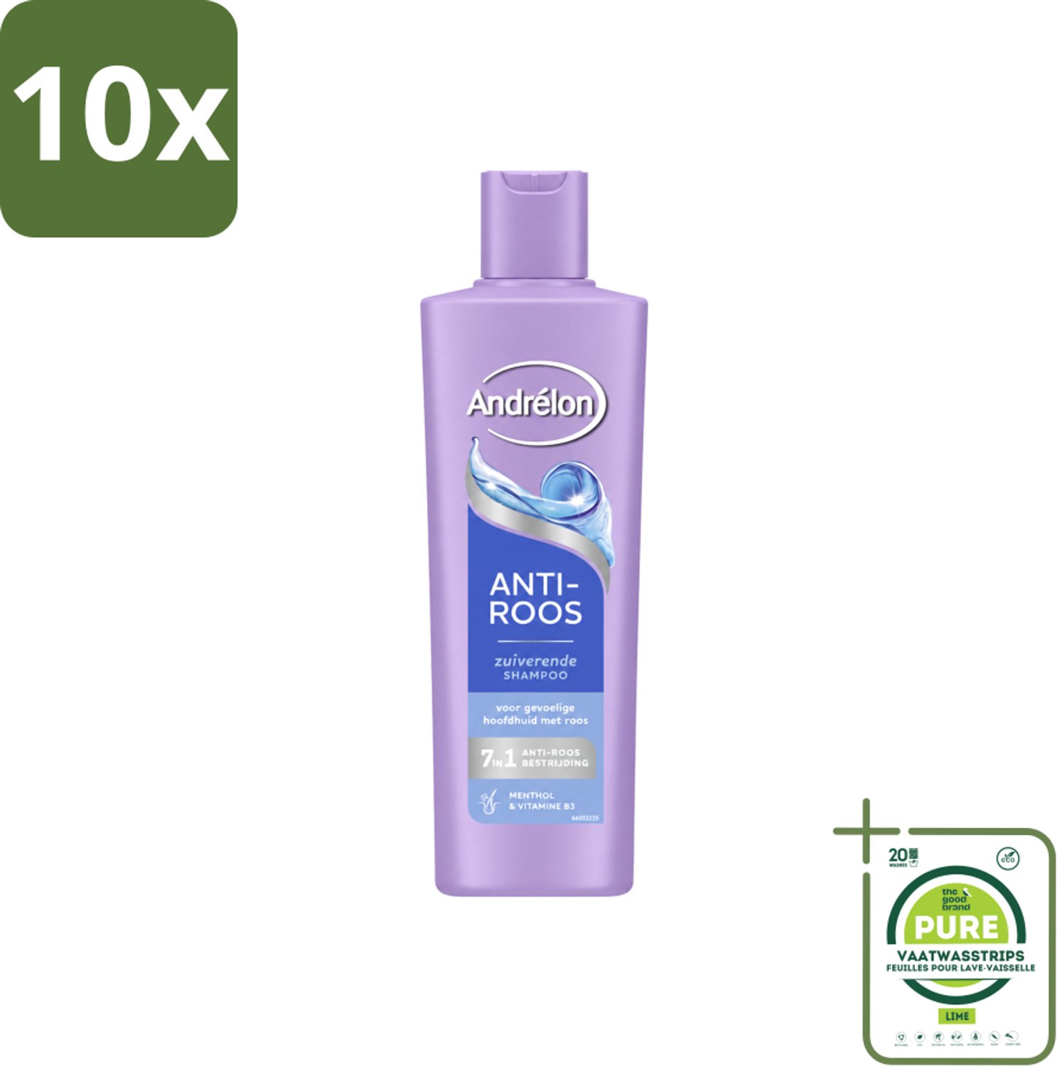10 x Andrélon – Shampoo – Anti Roos – 250 ml - Grootverpakking - Vaatwasstrips - Roos Haar - Roos Hoofdhuid - Anti-roos Shampoo - Menthol Shampoo - Vitamine B3 Shampoo