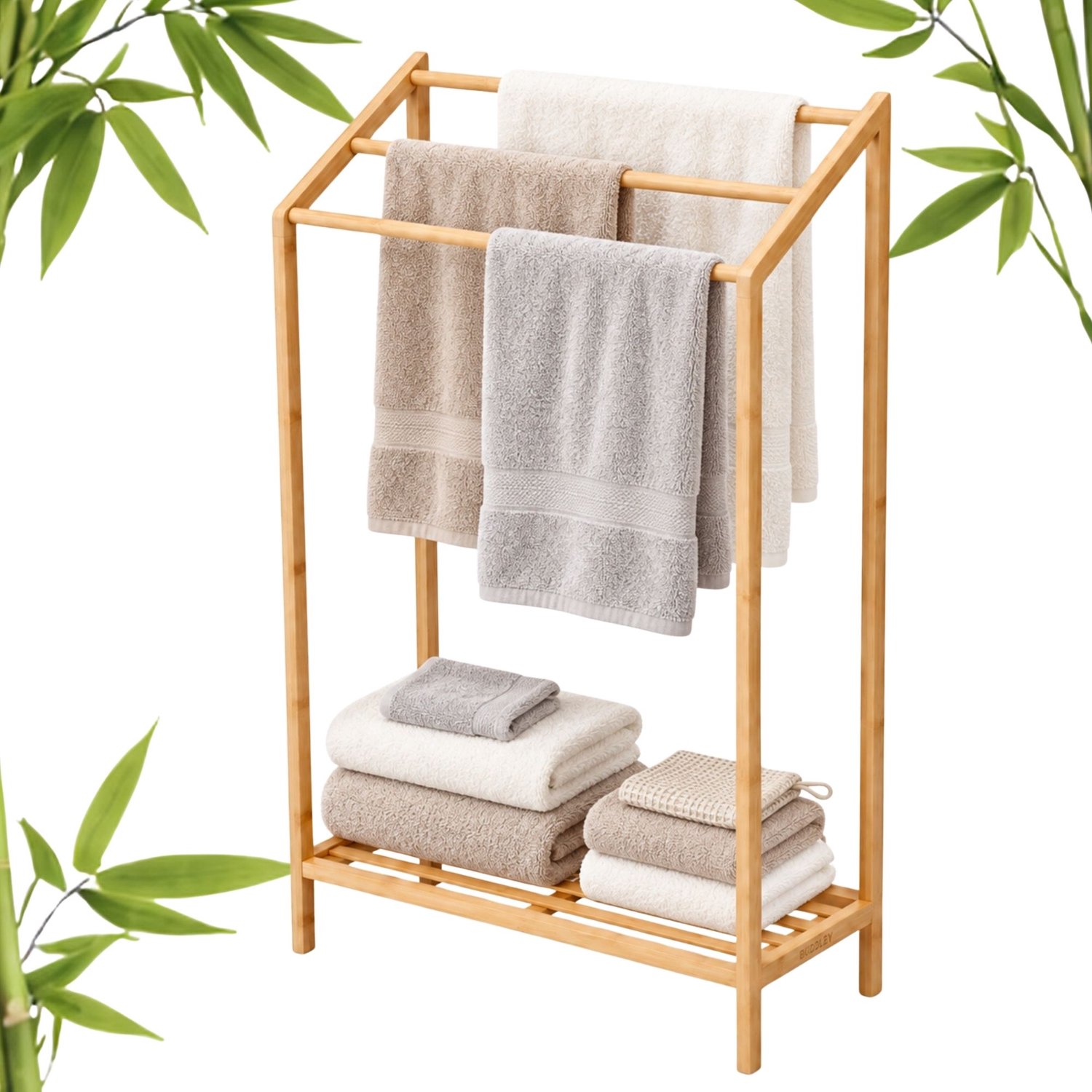 BUDDLEY Handdoekrek Staand met Plank - 3 Stangen - Badkamer - Handdoekenrek - Handdoek Rek - Handdoekhouder Staand - Vrijstaand - Zonder Boren - Extra Breed - 100% Bamboe - 55 cm - Naturel