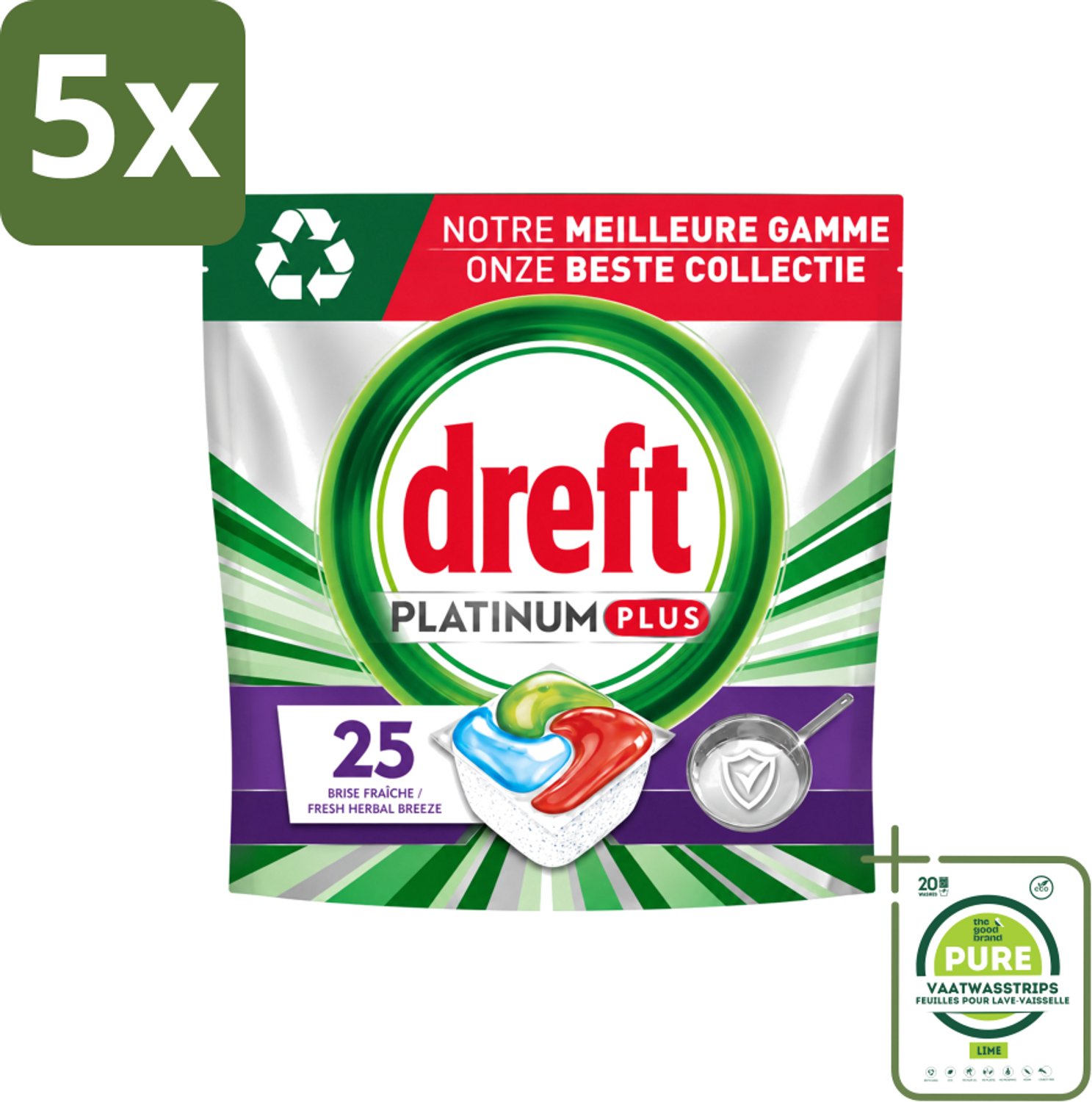 5 x Dreft Platinum Plus - Vaatwascapsules - Deep Clean Boosted - Fresh Herbal Breeze - 25 Afwasbeurten - Grootverpakking - Vaatwasstrips - Vaatwassen - Vaatwasmiddel - Vaatwascapsule - Glanzend Schone Vaat - Voedselresten Verwijderen
