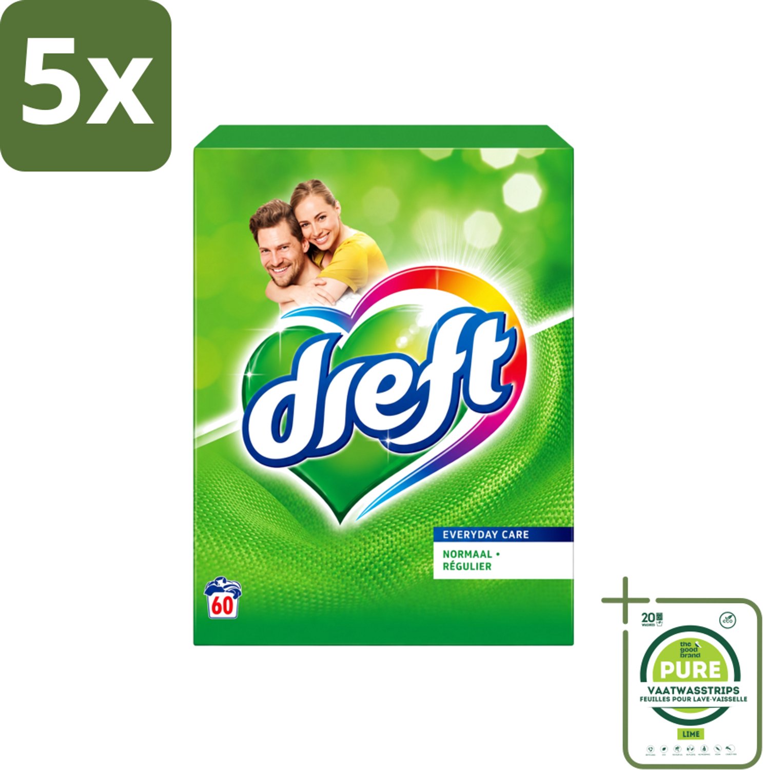 5 x Dreft - Everyday Care - Waspoeder - Gekleurde Was - Original - 60 Wasbeurten - Grootverpakking - Vaatwasstrips - Waspoeder - Gekleurde Was - Kleurbeschermend - Waspoeder Voor Kleding - Waspoeder Origineel