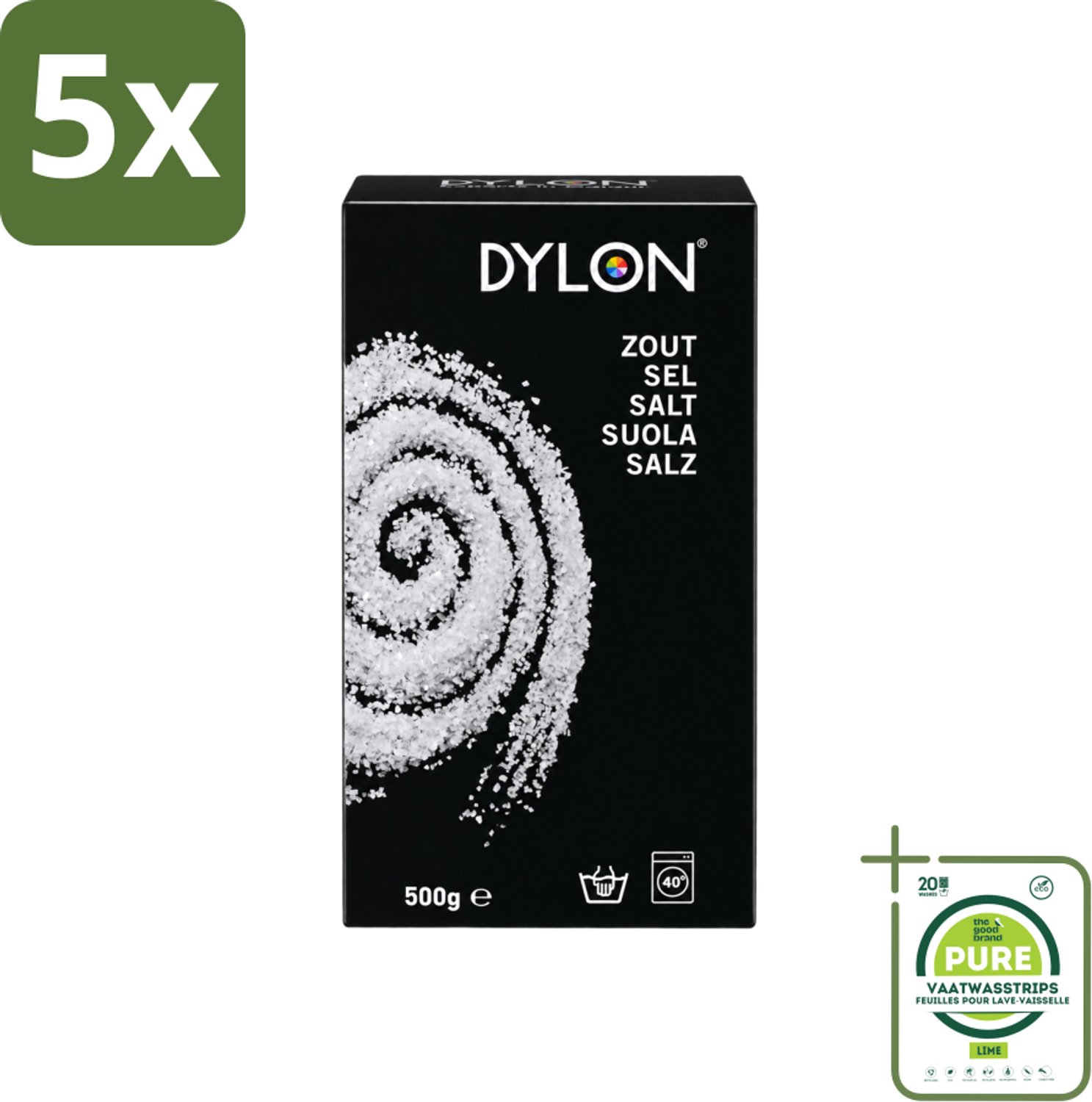 5 x Dylon - Zout - Voor Handwas Textielverf - Optimale Kleurresultaten - 500g - Grootverpakking - Vaatwasstrips - Textielverf - Handwas - Zout - Kleurverf - Kleurresultaat