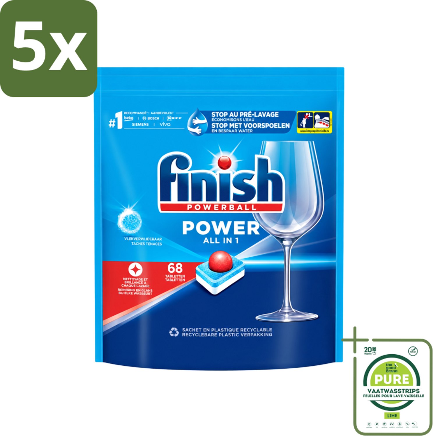 5 x Finish Powerball - Power All in 1 - Vaatwastabletten - Reiniging & Glans - 68 Tabletten - Grootverpakking - Vaatwasstrips - Vaatwastabletten - Vaat Reinigen - Vlekverwijderaar - Vaatwasmiddel - Krachtige Vaatwasmiddel