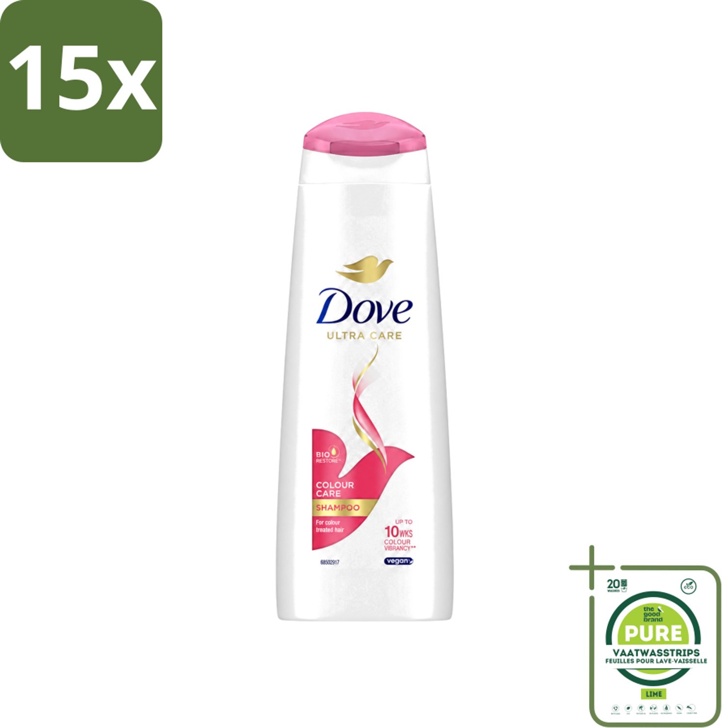 15 x Dove Ultra Care - Color Care - Shampoo - Geverfd Haar - 250 ml - Grootverpakking - Vaatwasstrips - Kleur Behouden - Gekleurd Haar - Haar Verzorging - Haar Reinigen - Haar Herstel