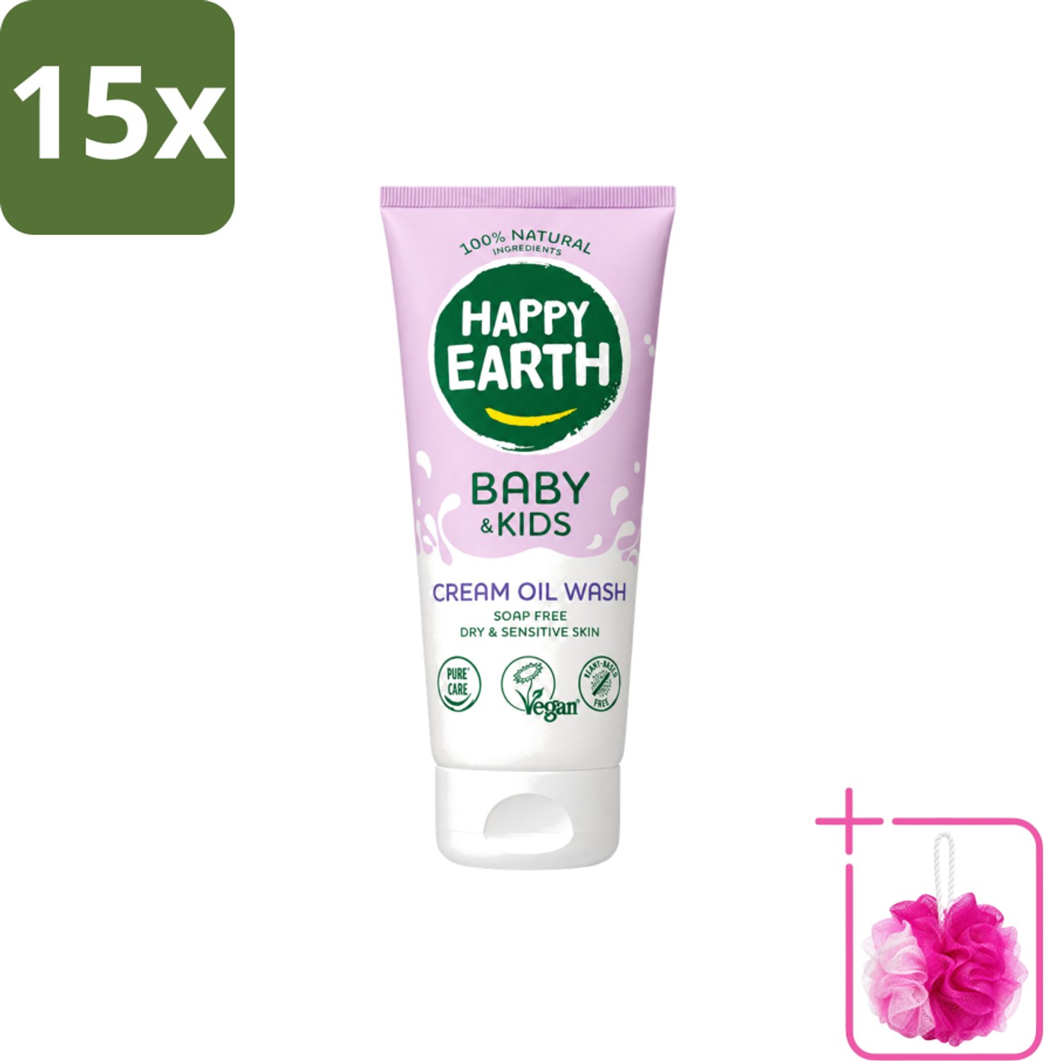 15 x Happy Earth – Cream Oil Wash – 100% Natuurlijk Baby & Kids – 200 ml - Bulkverpakking - Babyolie - Douchemop - Gezichtsolie
