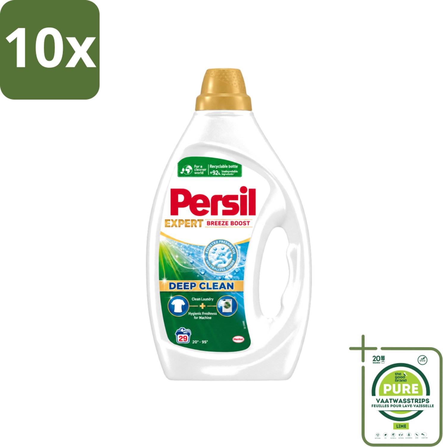 10 x Persil Expert - Vloeibaar Wasmiddel - Witte en Gekleurde Was - Breeze Boost - 29 Wasbeurten - Grootverpakking - Vaatwasstrips - Persil Expert Breeze Boost - Vloeibaar Wasmiddel - Diepe Reiniging - Fris Wasgoed - Vlekverwijdering