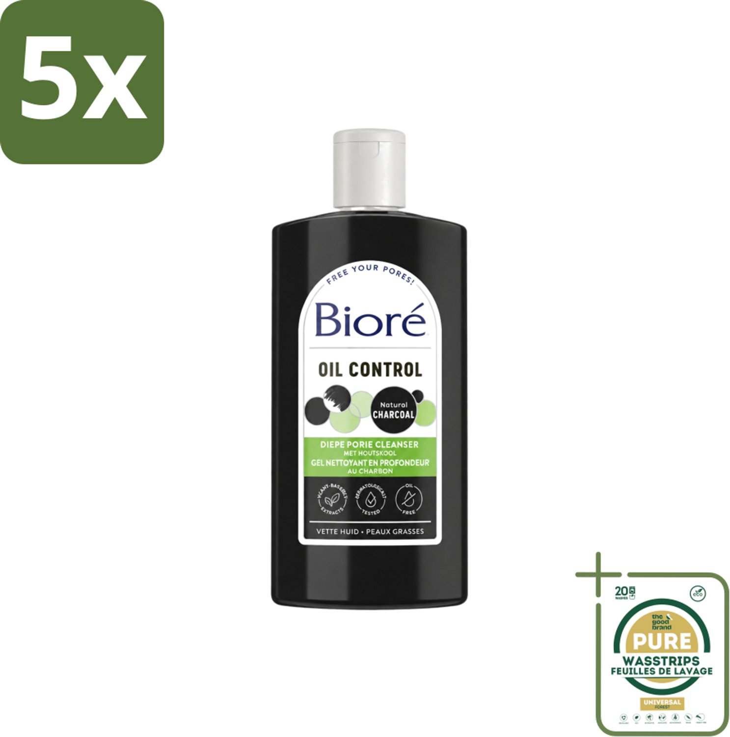 5 x Bioré – Houtskool Reinigingsgel – Gezichtsreiniger – 200 ml - Wasstrips - Gezichtsreiniger - Houtskool - Diepe Reiniging - Poriën Reinigen - Vet Huid