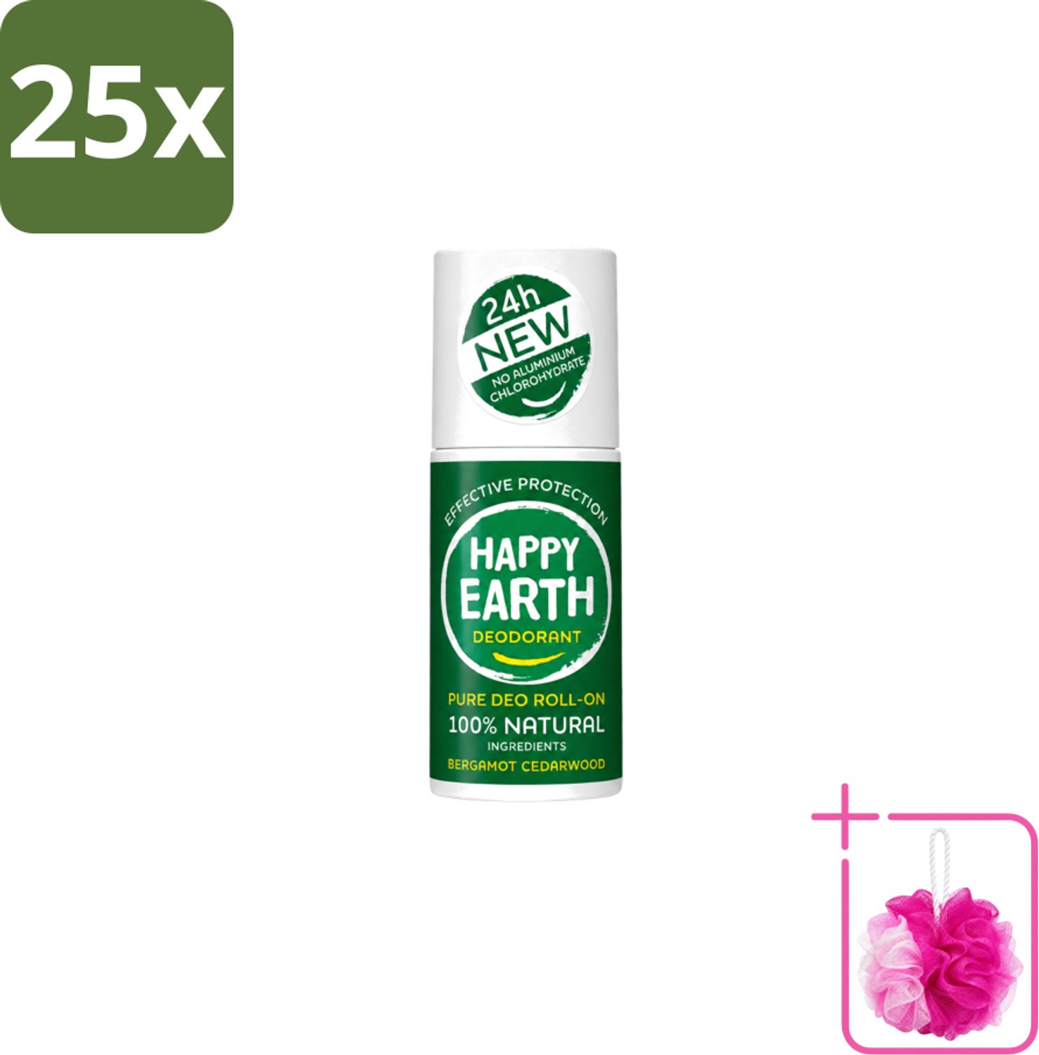 25 x Happy Earth – Deodorant Roll-On – 100% Natuurlijk Bergamot Cedarwood – 75 ml - Bulkverpakking - Bergamot - Douchemop - Cederhout