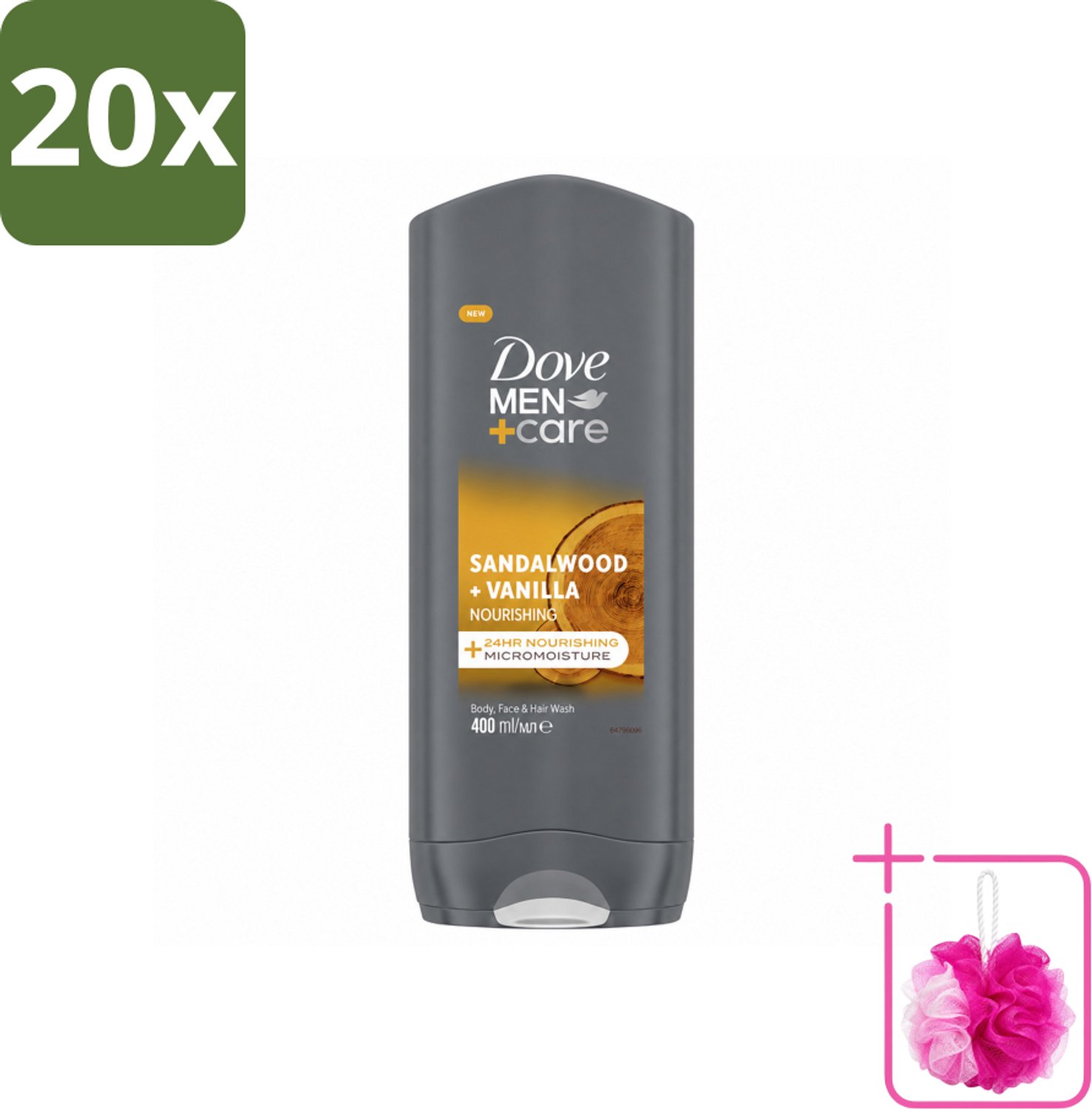 20 x Dove – Douchegel – Men+Care Sandalwood & Vanilla – 400 ml - Bulkverpakking - Douchegel mannen - Douchemop - Reiniging mannenhuid