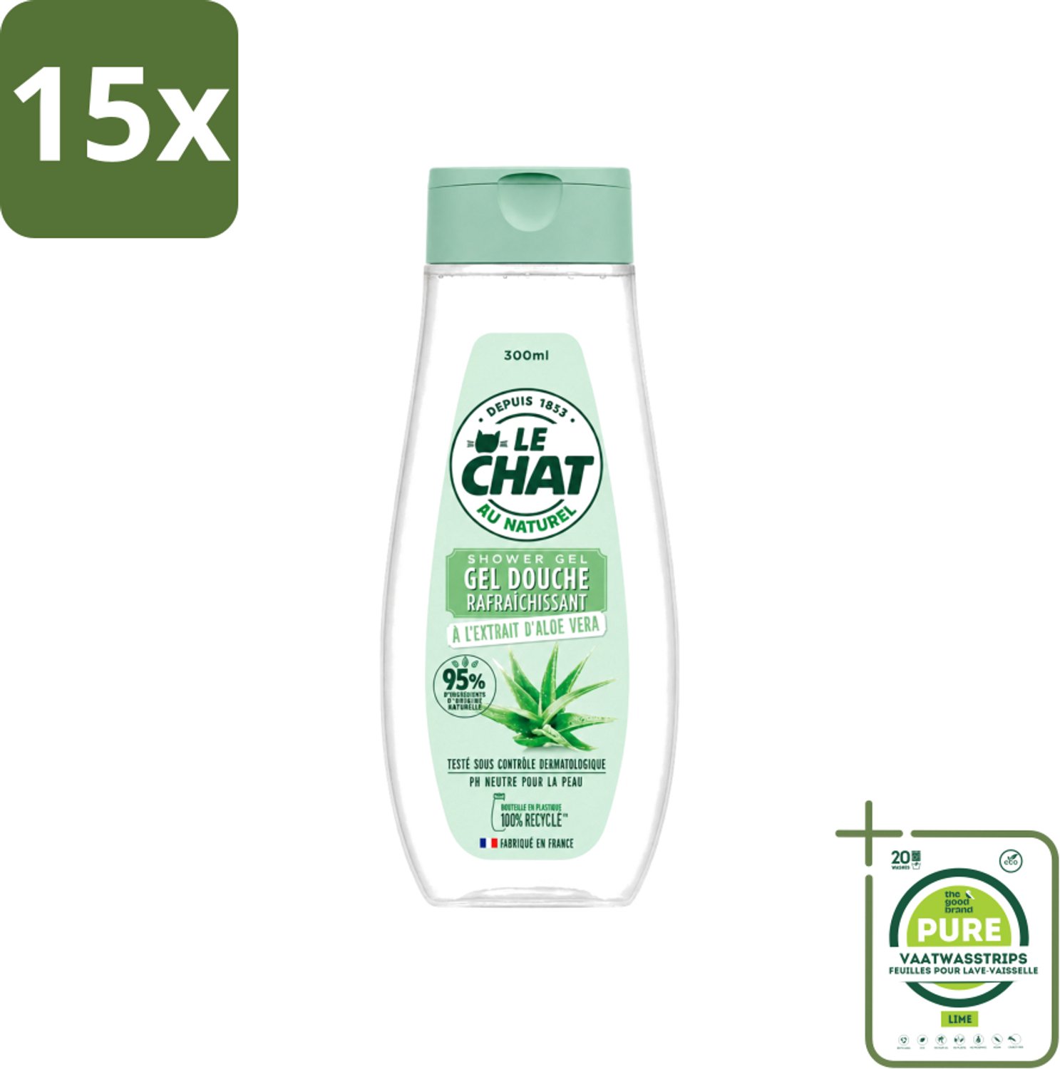 15 x Le Chat - Douchegel - PH Neutraal - Met Extract Van Aloë Vera - Verfrissend - 300 ml - Grootverpakking - Vaatwasstrips - Douchegel Aloë Vera - Frisheid Huid - PH Neutraal - Huidverzorging - Dagelijks Gebruik