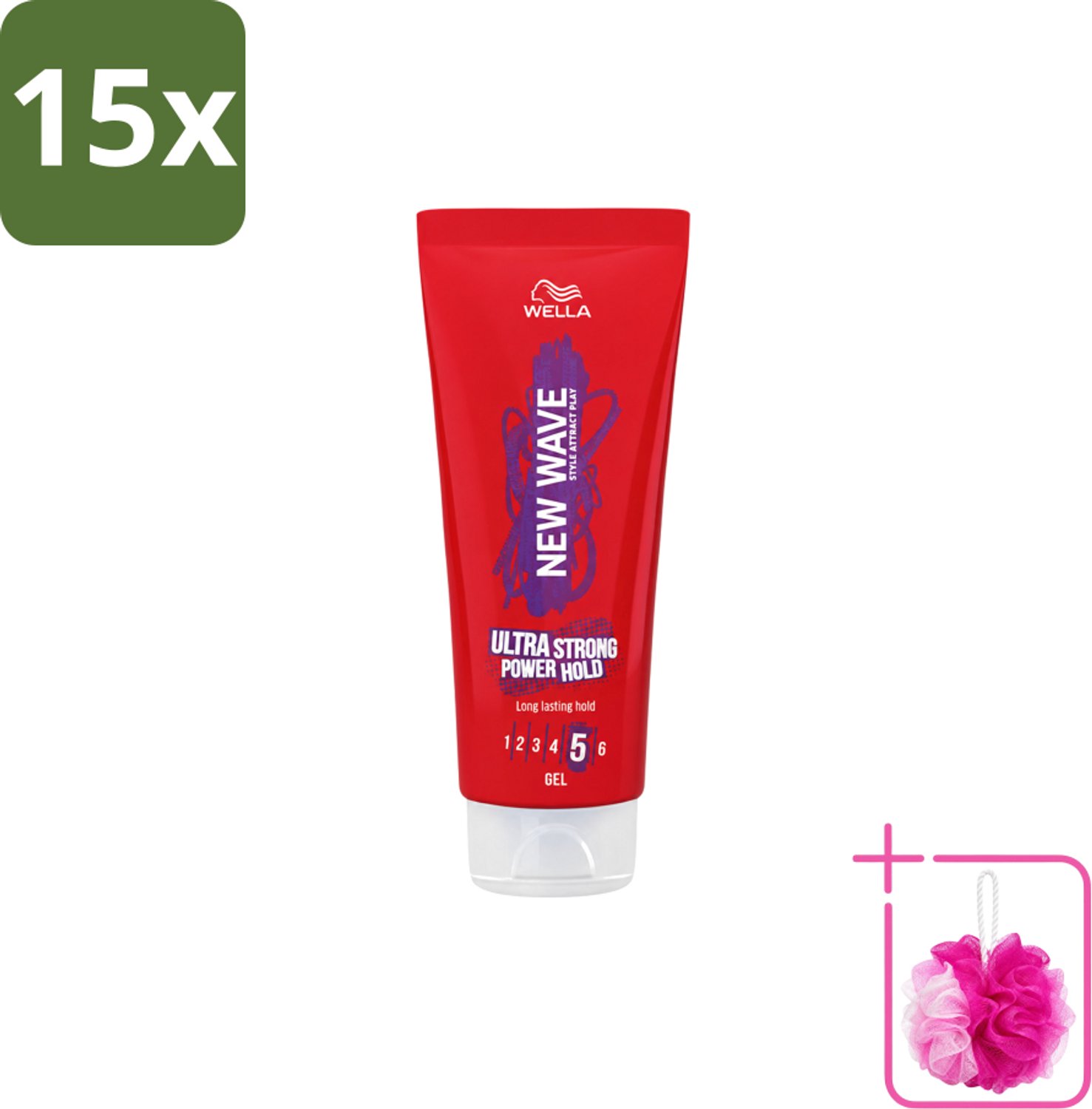 15 x Wella – New Wave Ultra Strong Power Hold – Haargel – 200 ml - Bulkverpakking - Haarkleur - Douchemop - Haartypen