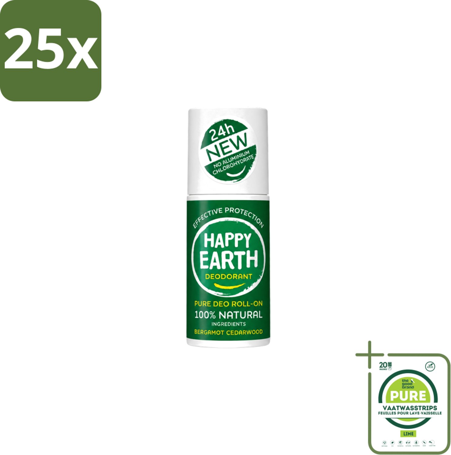 25 x Happy Earth – Deodorant Roll-On – 100% Natuurlijk Bergamot Cedarwood – 75 ml - Grootverpakking - Vaatwasstrips - Bergamot - Cederhout - Natuurlijke Deodorant - Roll-on Deodorant - 24 Uur Bescherming