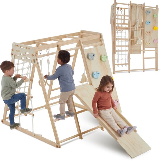 Set van 8-in-1 klimrek met kinderen in actie en een ingeklapte versie voor ruimtebesparende opslag.
