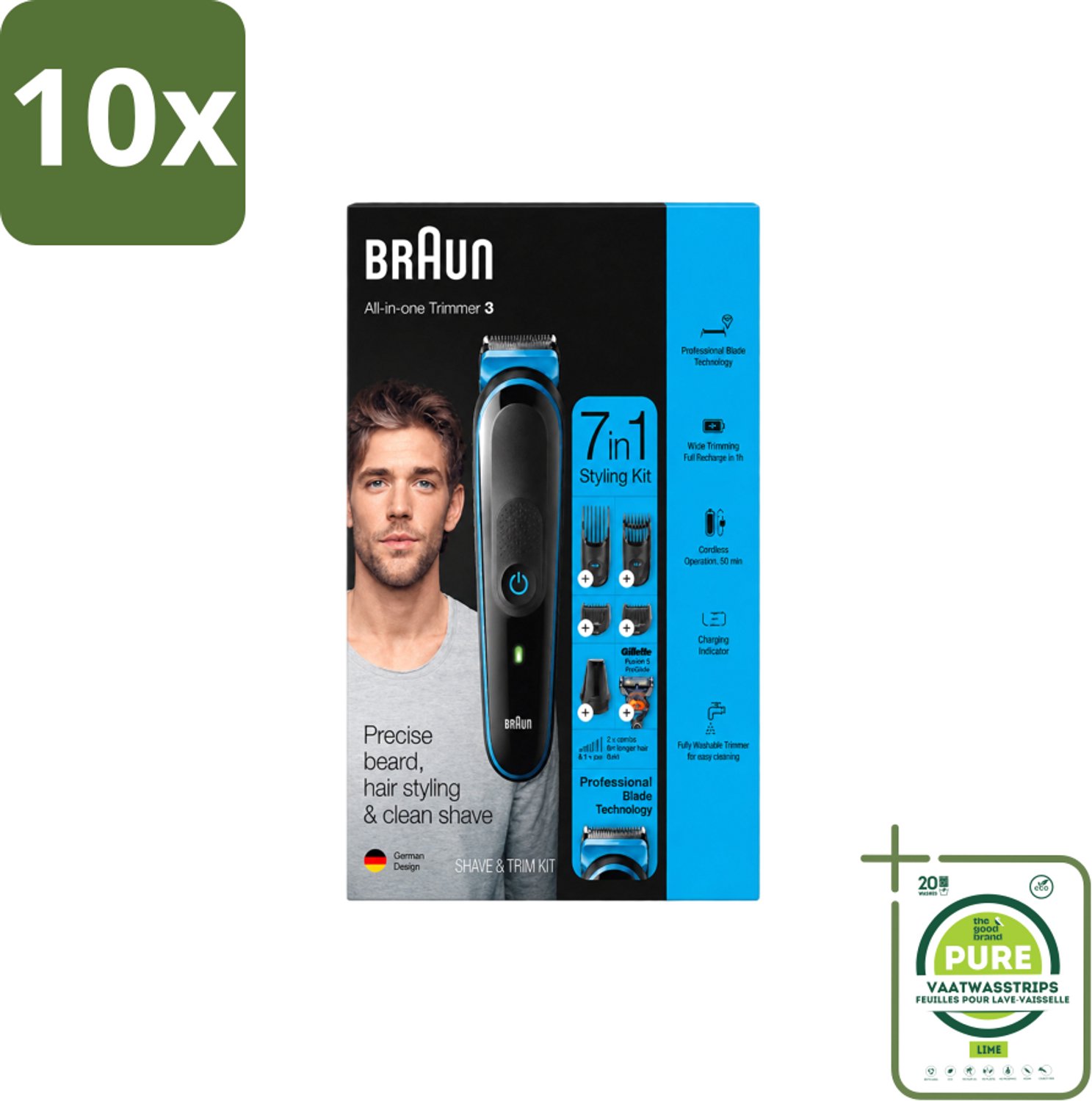 10 x Braun - Trimset - 7-in-1 - 1 Trim Apparaat - 6 Opzetstukken - Grootverpakking - Vaatwasstrips - Baard Trimmer - Gezichtshaar Trimmer - Neushaar Trimmer - Scheermes - Baard Onderhoud