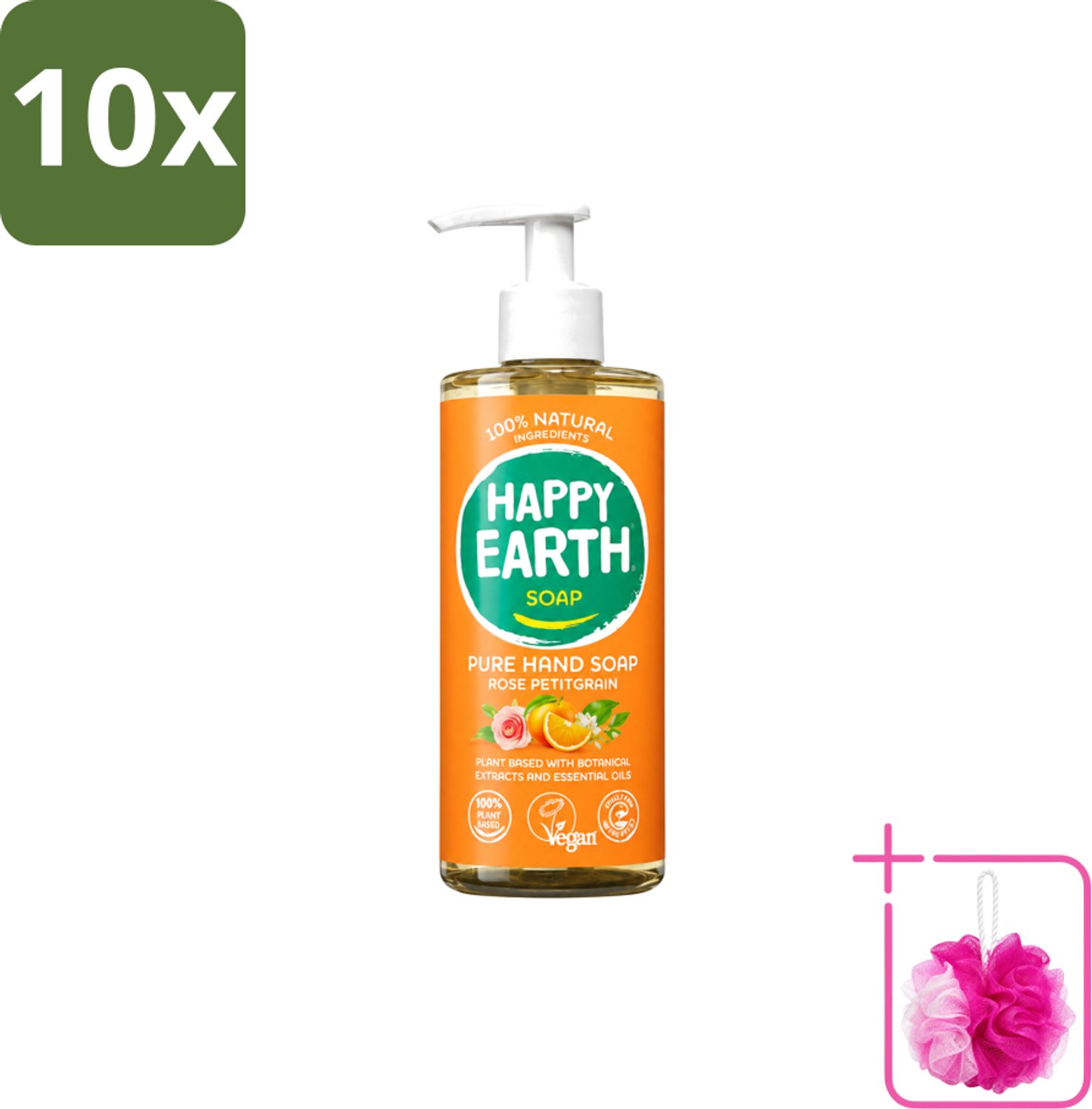 10 x Happy Earth – Handzeep – 100% Natuurlijk Rose Petitgrain – 300 ml - Bulkverpakking - Natuurlijke handzeep - Douchemop - Vegan handzeep