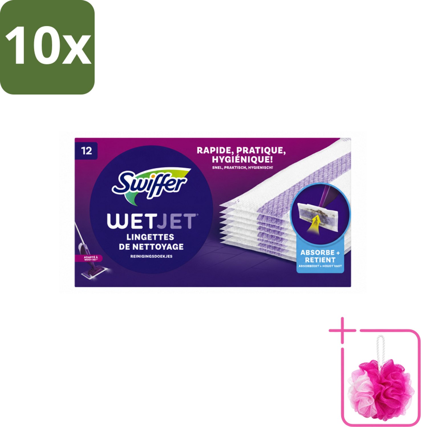 10 x Swiffer - WetJet – Reinigingsdoekjes – Navullingen – 12 doekjes - Bulkverpakking - Absorberende navuldoekjes - Douchemop - Spraymop doekjes