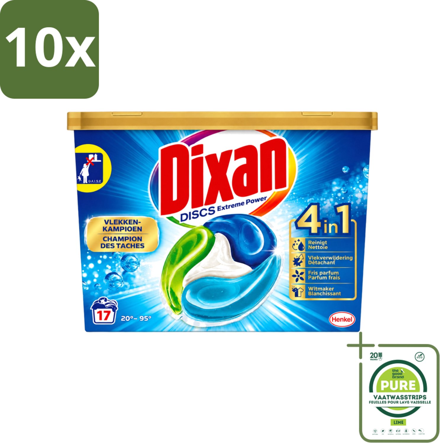 10 x Dixan Discs - Wasmiddelcapsules en Vlekverwijderaar - Extreme Power - Witte, Gekleurde & Zwarte Was - 17 Wasbeurten - Grootverpakking - Vaatwasstrips - Wasmiddelcapsules - Vlekverwijderaar - Wasmiddel - Wasbeurt - Wasmachine
