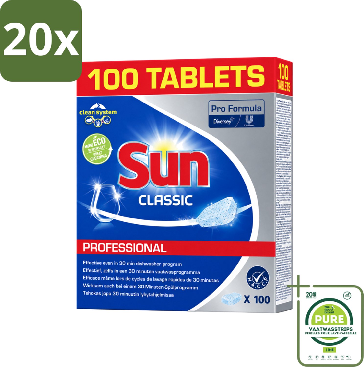 20 x Sun Classic - Pro Formula - Vaatwastabletten - 100 Tabletten - Grootverpakking - Vaatwasstrips - Vaatwastabletten - Vaatwasser - Reiniging - Vlekken Verwijderen - Kalkaanslag