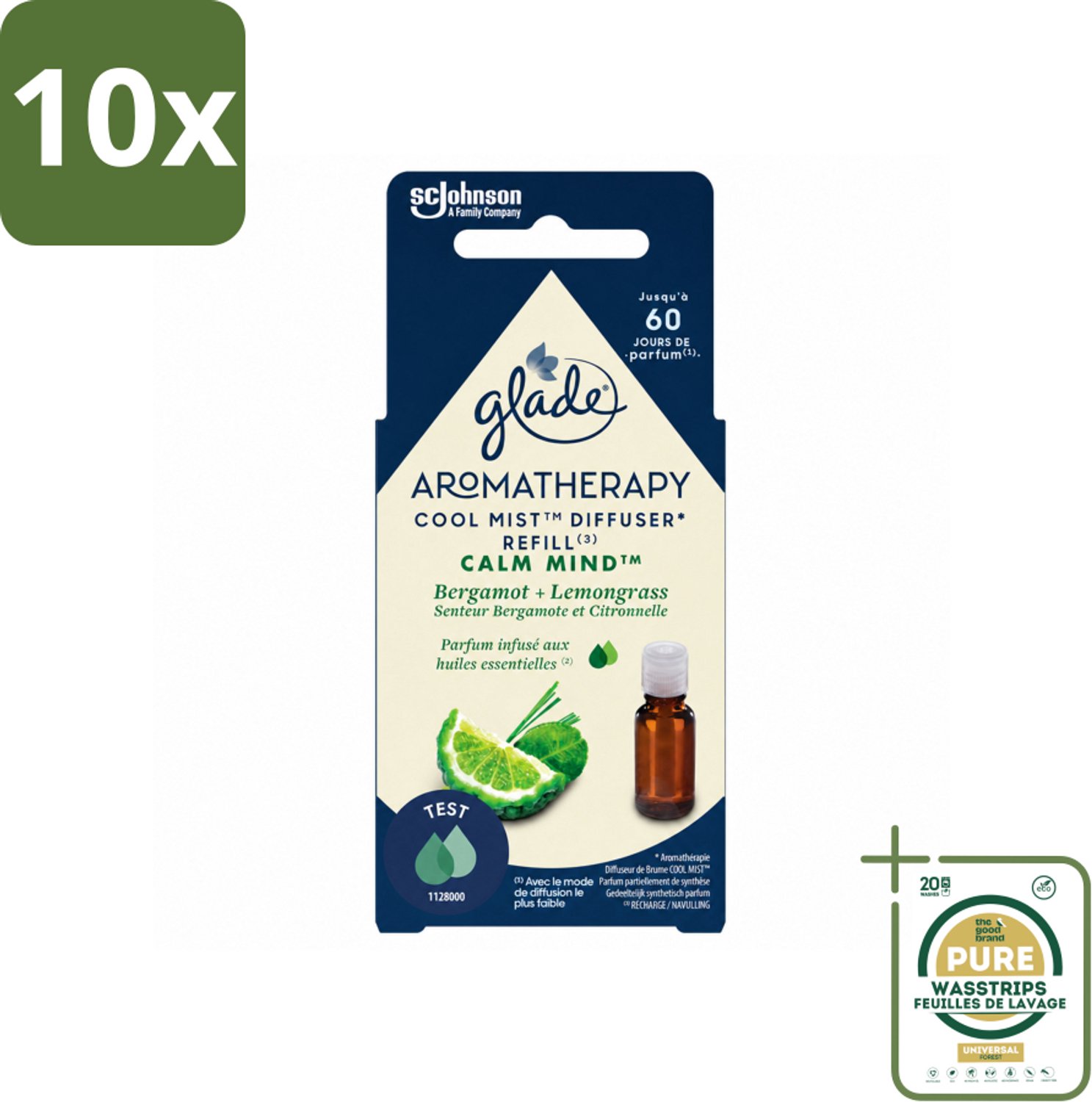 10 x Glade – Aromatherapy Mist Diffuser Navulling – Calm Mind – 17,4 ml - Wasstrips - Aromatherapie - Ontspanning - Luchtverfrisser - Bergamot - Citroengras