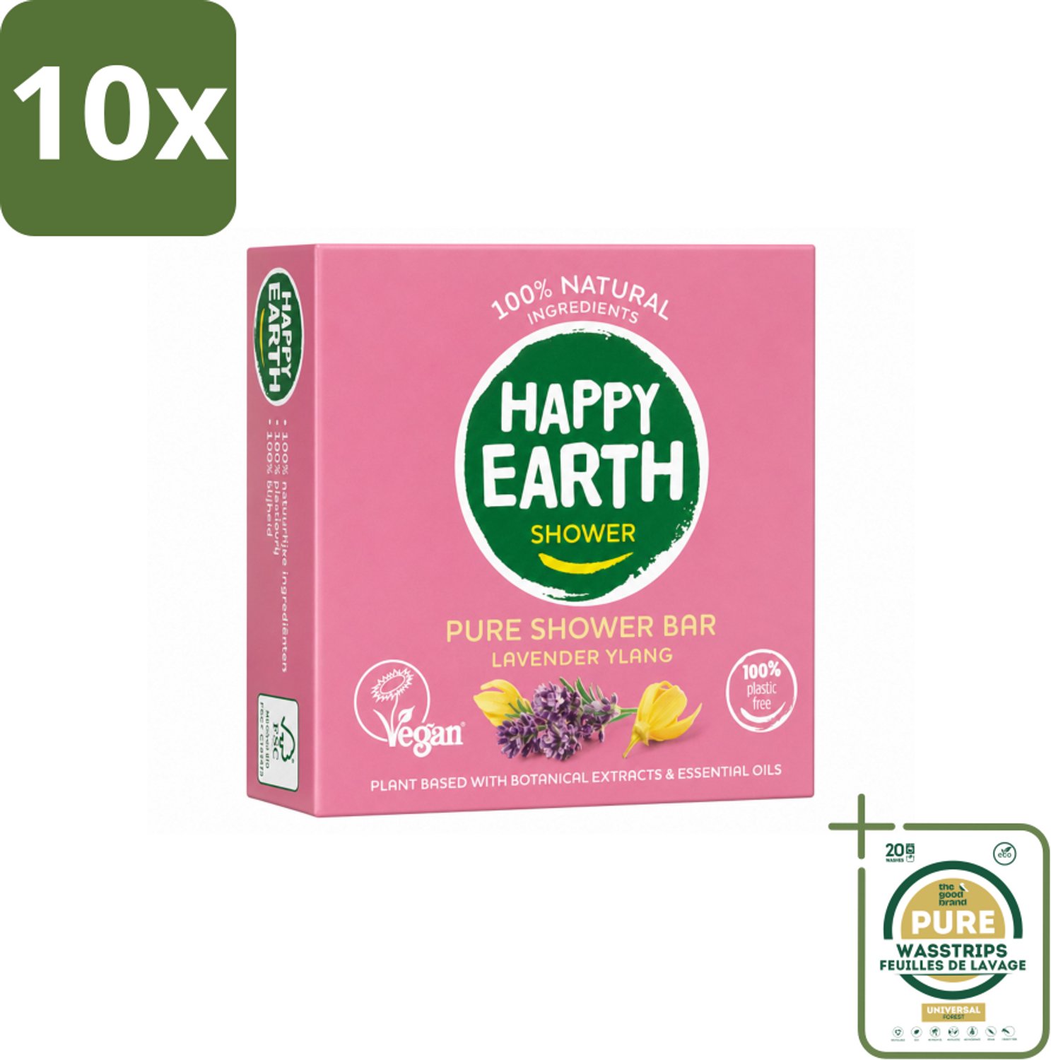 10 x Happy Earth – Shower Bar – 100% Natuurlijk Lavender Ylang – 90 g - Wasstrips - Douchen - Douchegel - Lavendel - Ylang-ylang - Natuurlijke Douchegel