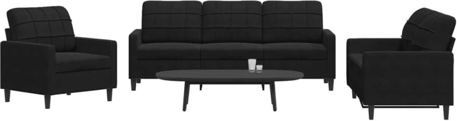 3-delige bankset met kussen, zwart fluweel, zachte velours sofaset met metalen frame voor woonkamer, comfortabele bekleding en modern design, duurzame kwaliteit