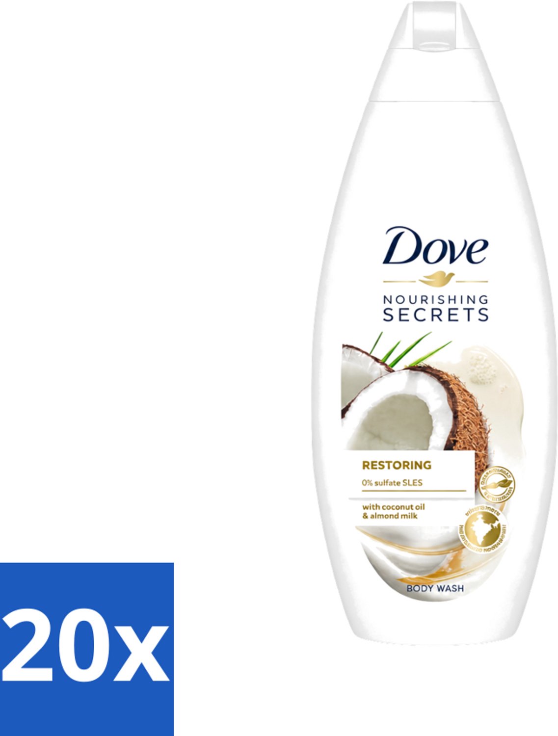 20 x Dove Nourishing Secrets - Douchegel - Kokosolie & Amandel melk - Sulfaatvrij - 250 ml - Voordeelverpakking - 20 stuks