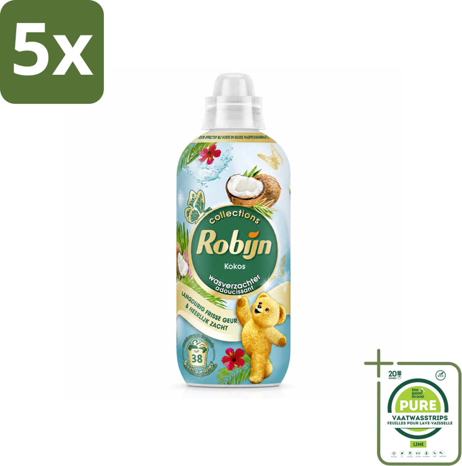 5 x Robijn – Wasverzachter – Kokos Sensation – 765 ml - Grootverpakking - Vaatwasstrips - Wasverzachter Kokos - Wasverzachter Tropisch - Wasverzachter Fris - Wasverzachter Voor Textiel - Wasverzachter Voor Beddengoed
