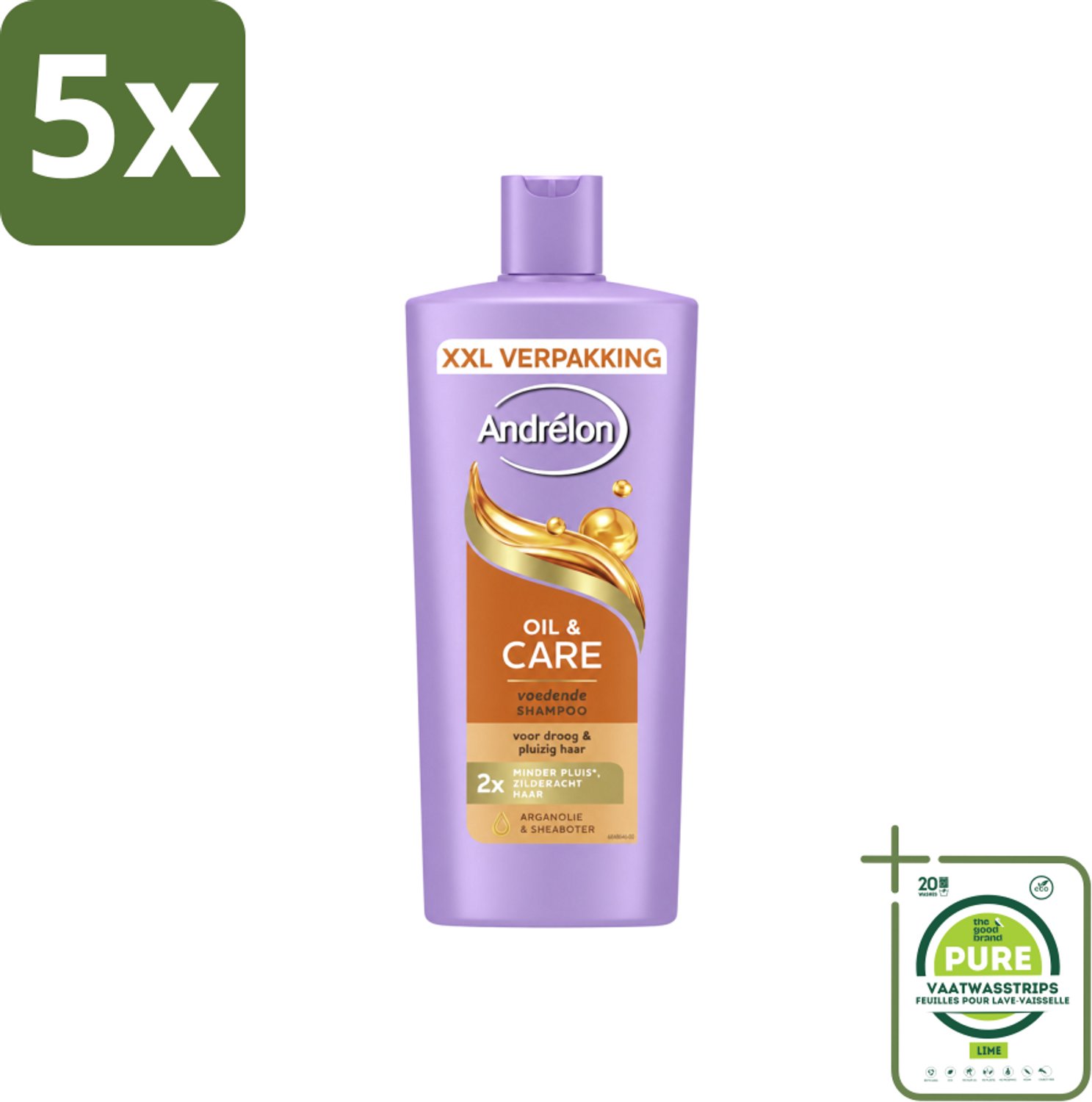 5 x Andrélon – Shampoo – Oil & Care – 685 ml - Grootverpakking - Vaatwasstrips - Haar Verzorging - Pluisvoorkomen - Arganolie Shampoo - Sheaboter - Droog Haar