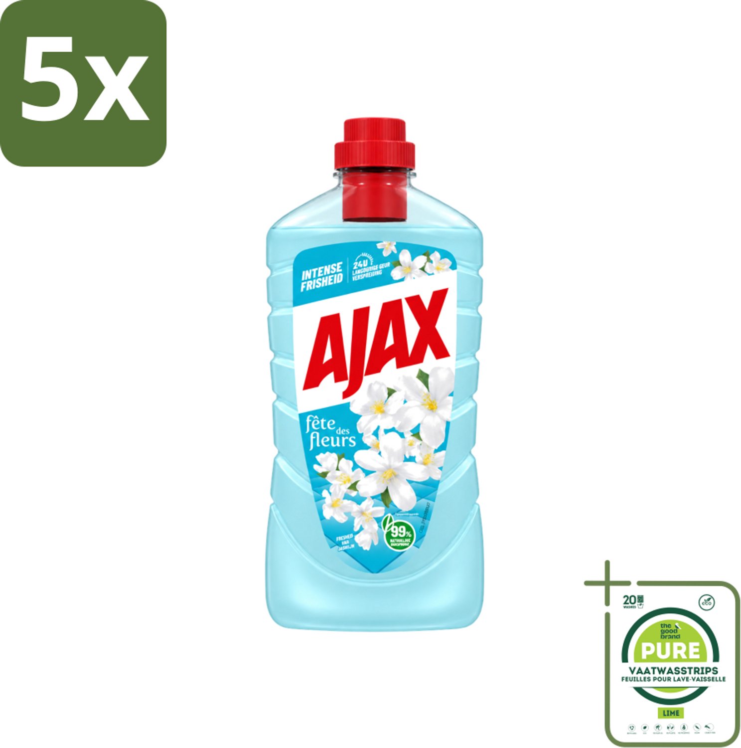 5 x Ajax – Allesreiniger – Jasmijn - 1000 ml - Grootverpakking - Vaatwasstrips - Allesreiniger - Jasmijngeur - Schoonmaken - Vloer Reinigen - Keuken Reinigen