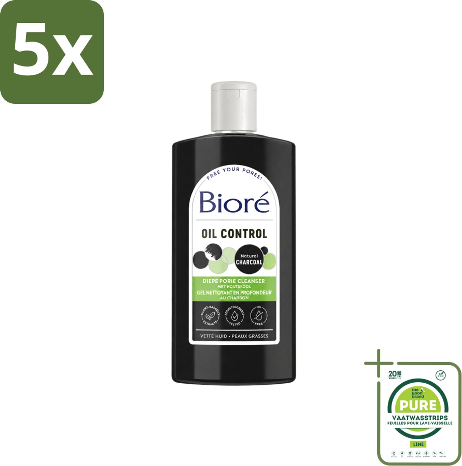 5 x Bioré – Houtskool Reinigingsgel – Gezichtsreiniger – 200 ml - Grootverpakking - Vaatwasstrips - Gezichtsreiniger - Houtskool - Diepe Reiniging - Vet Huid - Gecombineerde Huid