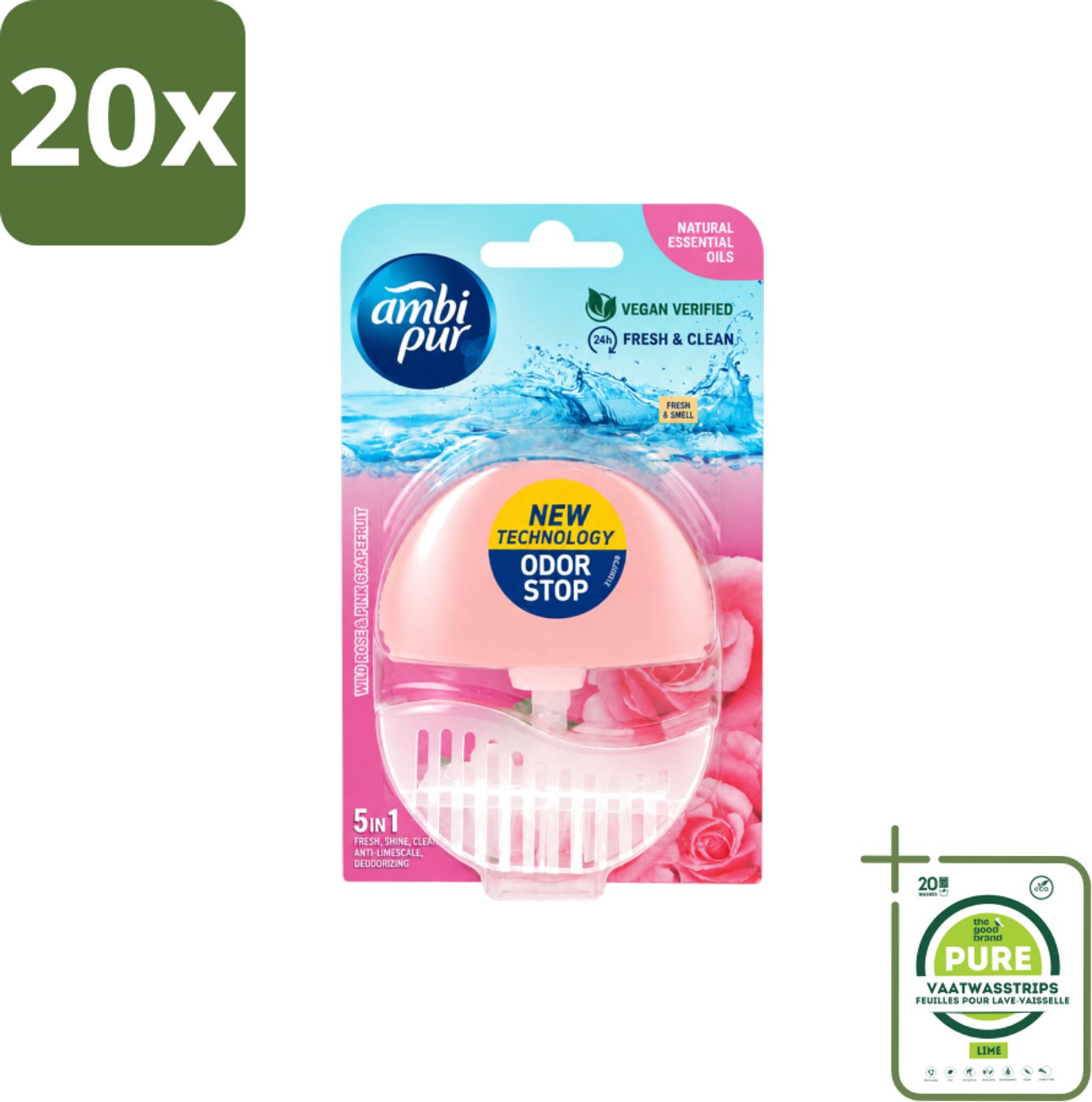 20 x Ambi Pur - Toiletblok - 5in1- Wilde Roos & Roze Grapefruit - 1 Blok - Grootverpakking - Vaatwasstrips - Toilet - Toiletblok - Frisheid - Super Shine - Anti-kalk