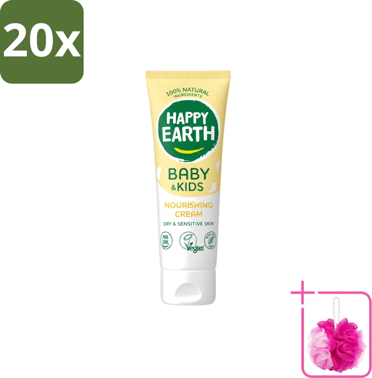 20 x Happy Earth – Nourishing Cream – 100% Natuurlijk Baby & Kids – 75 ml - Bulkverpakking - Natuurlijke crème - Douchemop - Gevoelige huid