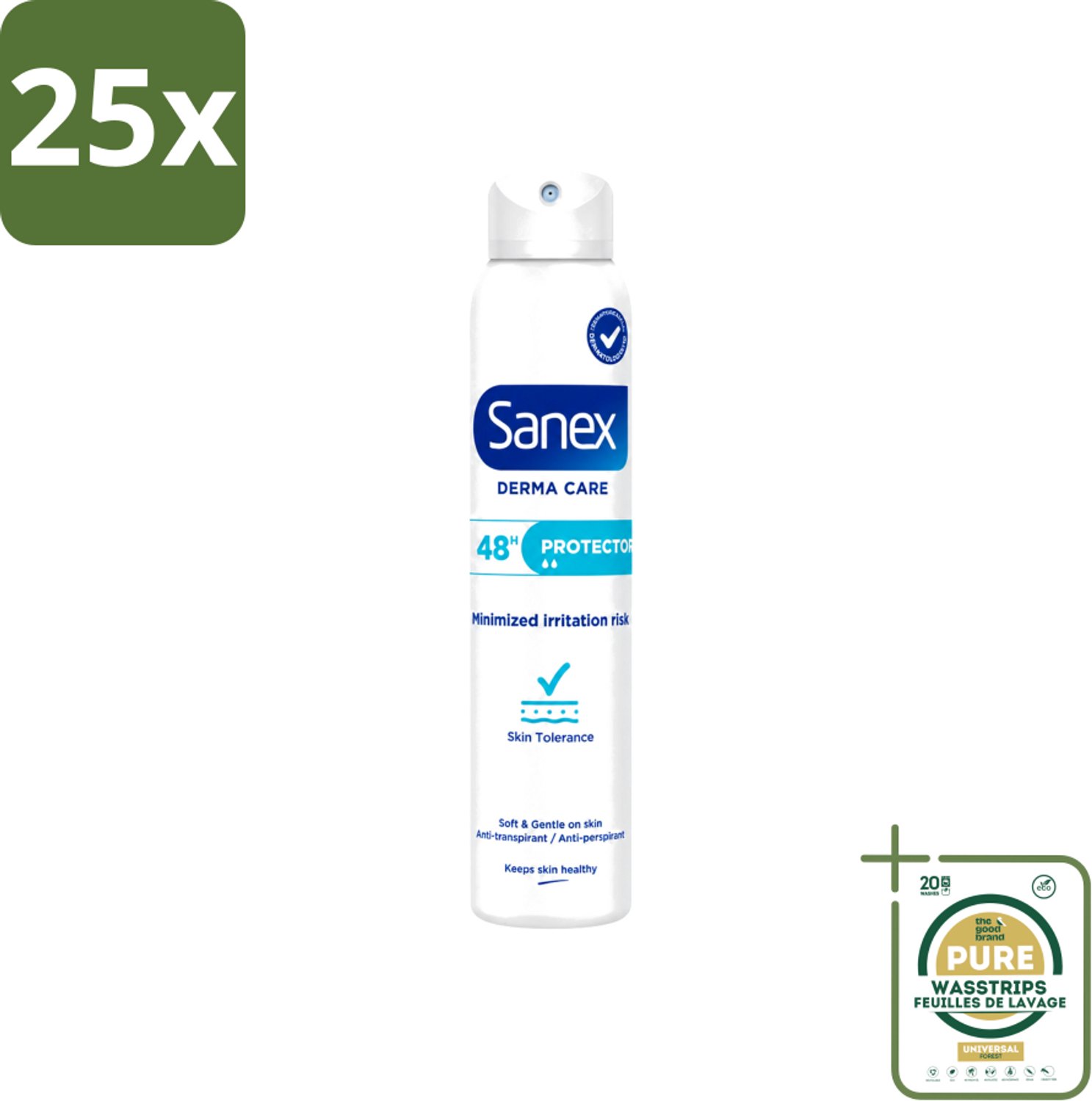 25 x Sanex – Deodorant Spray – Dermo Protector – 200 ml - Wasstrips - Anti-sweat Spray - Huidbescherming - Deodorant Spray - Hypoallergeen - Huidverzorging