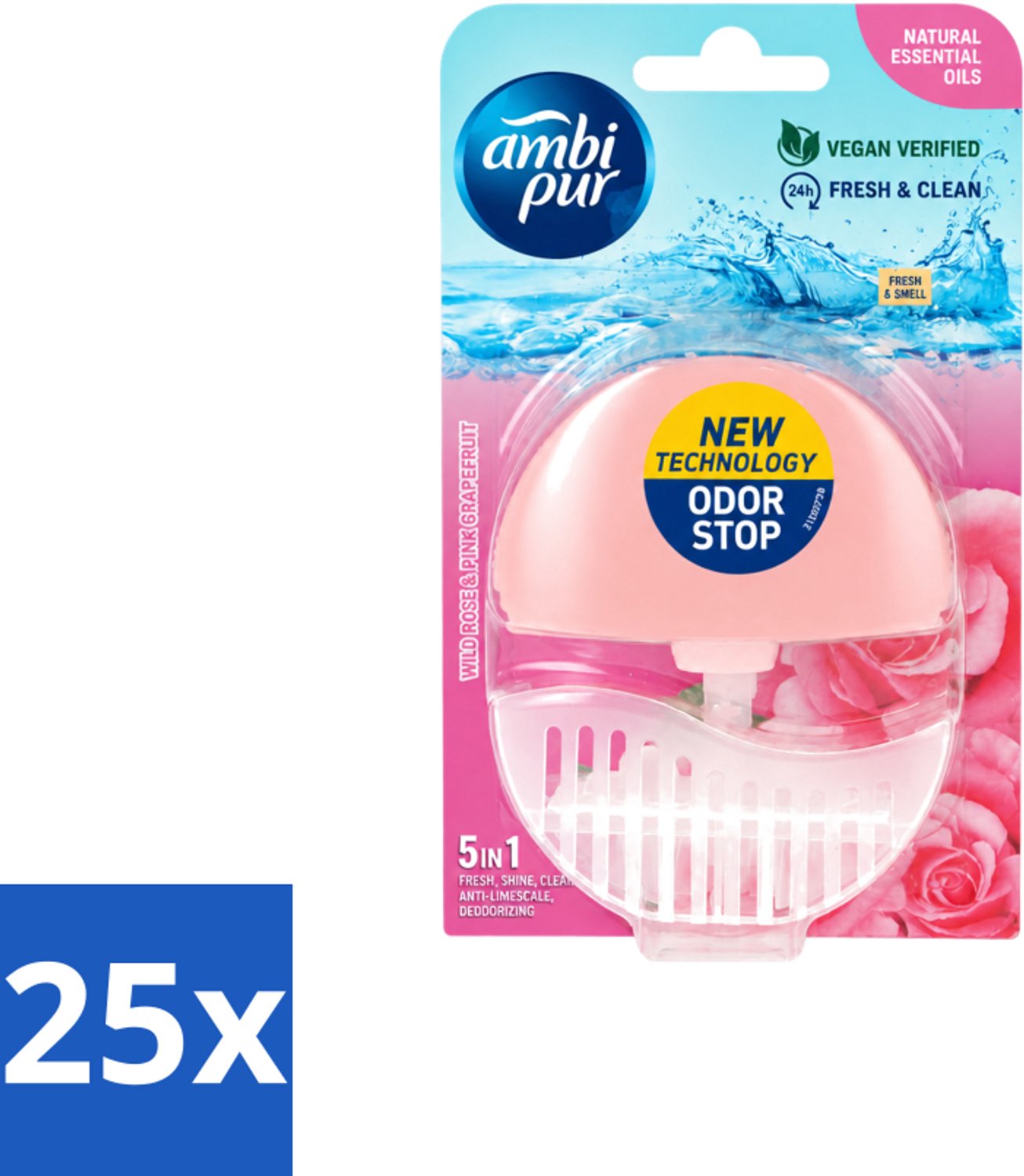 25 x Ambi Pur - Toiletblok - 5in1- Wilde Roos & Roze Grapefruit - 1 Blok - Voordeelverpakking - 25 stuks
