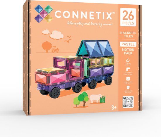 Verpakking van Connetix Pastel Motion Pack met 26 magnetische tegels, inclusief afbeelding van het gebouwde voertuig.