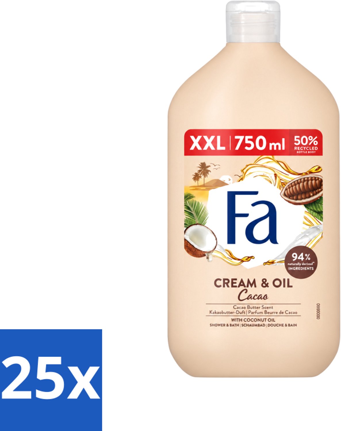 25 x Fa - Cream & Oil Cacao - Bad- & Douchegel - Cacaoboter Met Kokosolie - 750 ml - Voordeelverpakking - 25 stuks