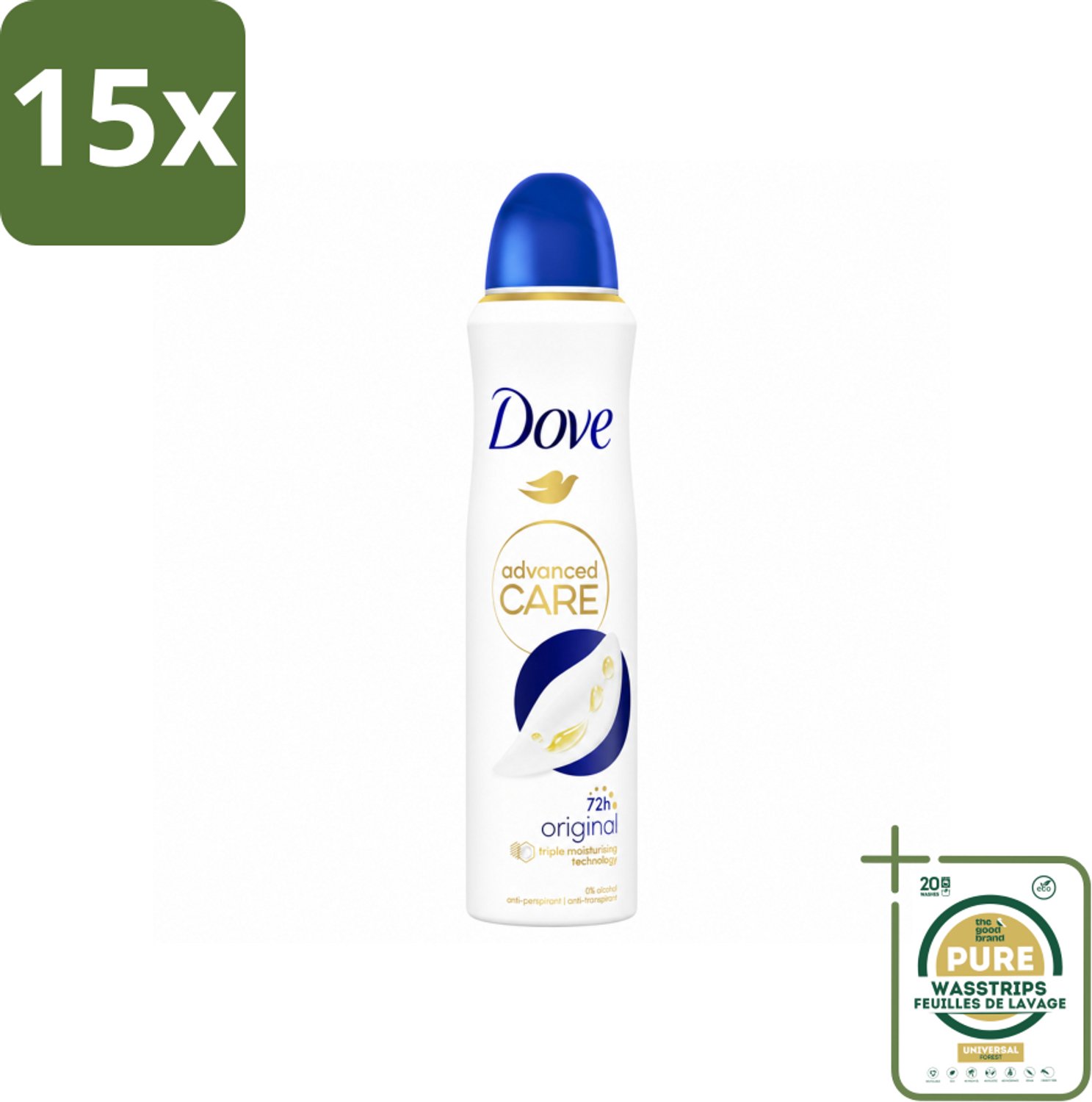15 x Dove – Deodorant Spray – Original – 150 ml - Wasstrips - Anti-transpirant Spray - Deodorant Spray - Okselbescherming - Zweetvermindering - Huidverzorging
