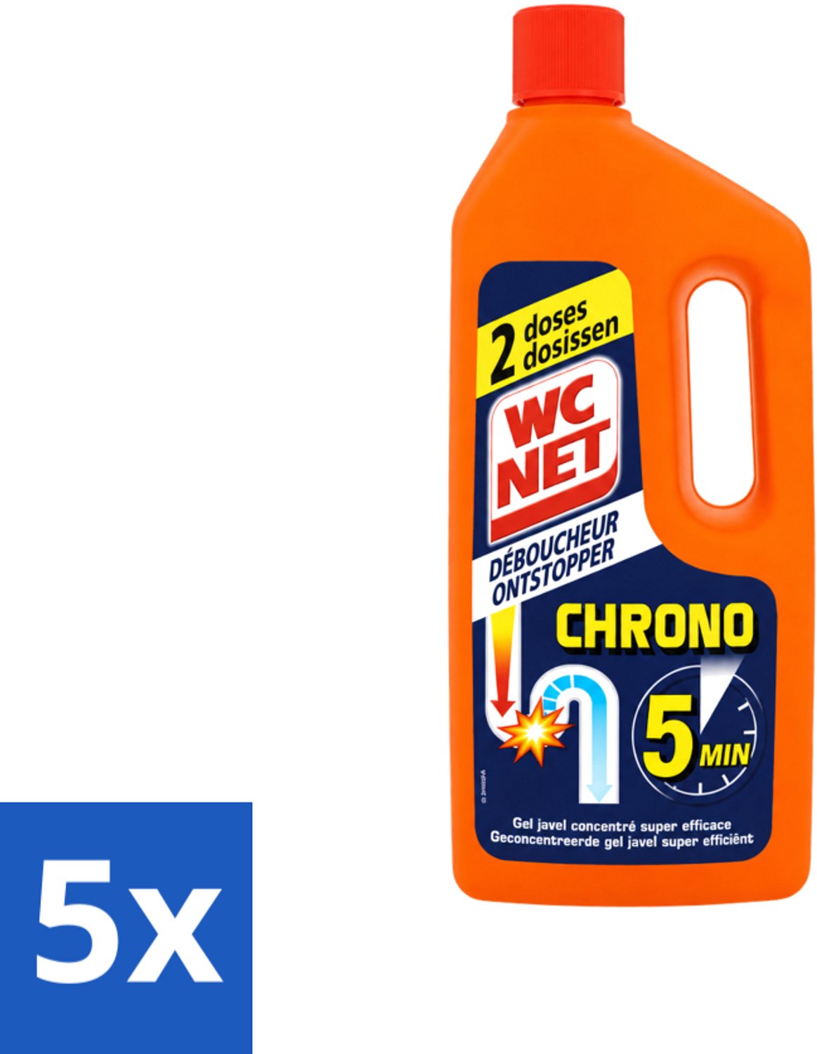 5 x WC Net - Ontstopper - Gel - Werkt Binnen 5 Minuten - 2 Dosissen - 1 Liter - Voordeelverpakking - 5 stuks