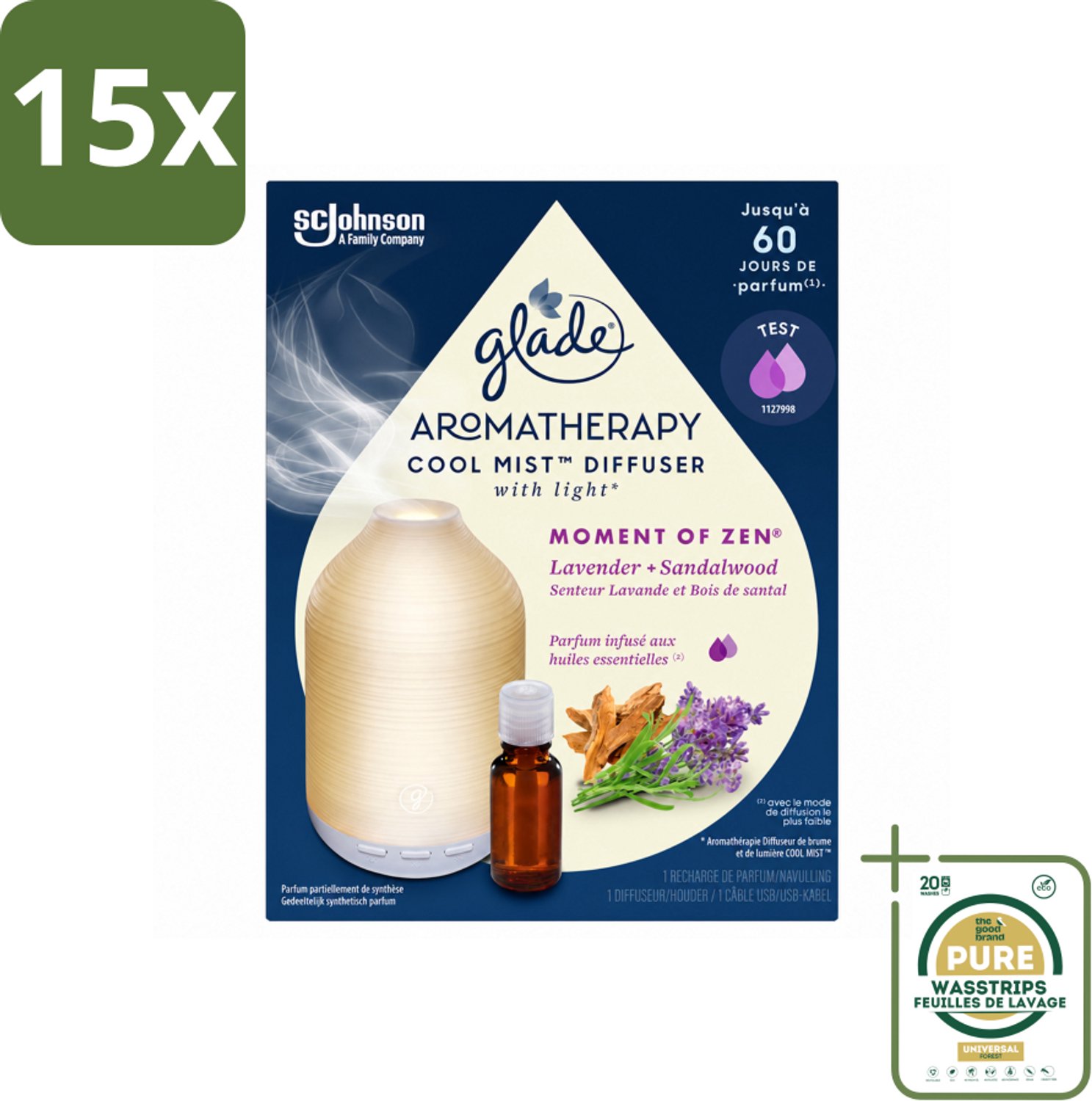 15 x Glade – Aromatherapy Mist Diffuser – Starterpakket – Houder + Moment of Zen Navulling - 17,4 ml - Wasstrips - Aromatherapie - Ontspanning - Geur - Luchtverfrisser - Diffuser