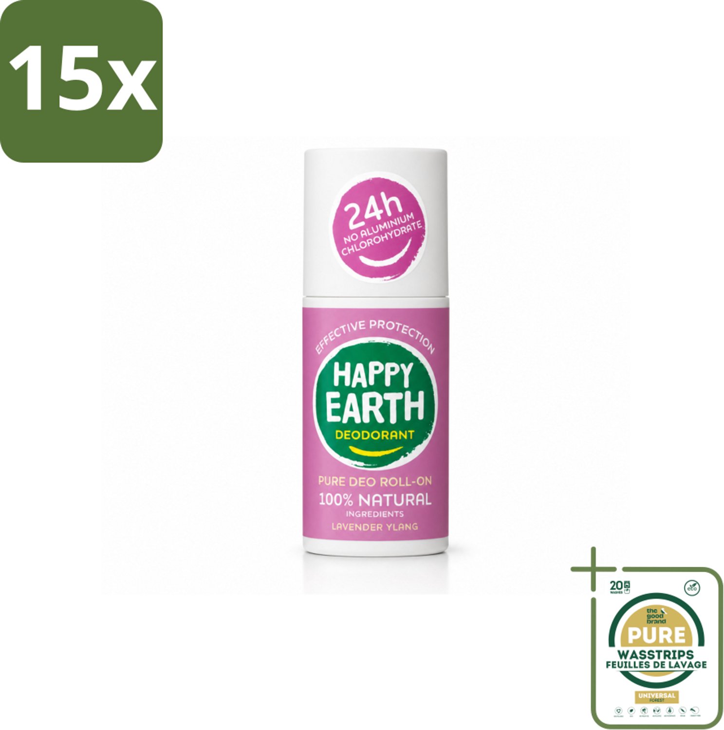 15 x Happy Earth – Deodorant Roll-On – 100% Natuurlijk Lavender Ylang – 75 ml - Wasstrips - Natuurlijke Deodorant - Roll-on Deodorant - Lavendel Geur - Ylang-ylang Geur - Huidvriendelijk