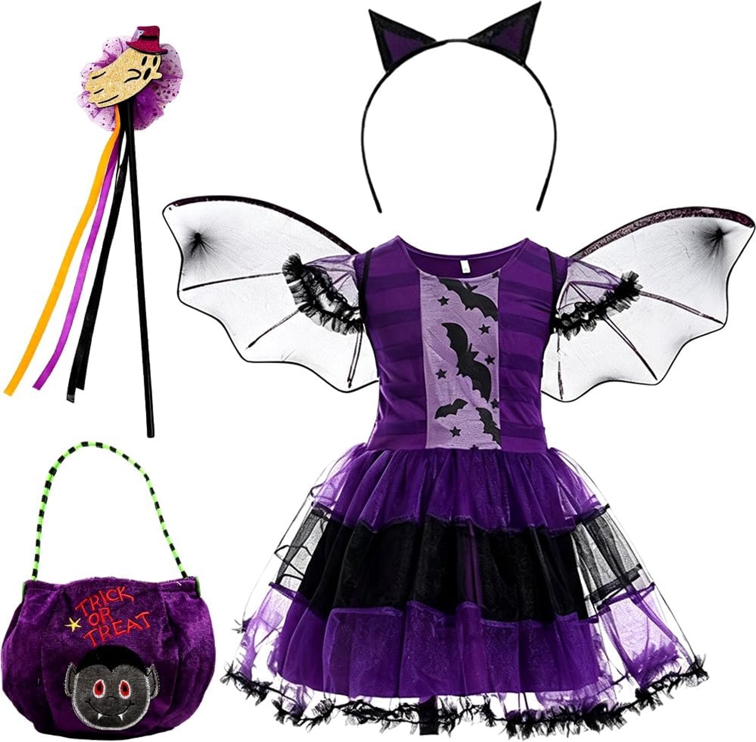 Vleermuiskostuumset voor Meisjes Inclusief Jurk, Haarband, Vleugels en Tas Ideaal voor Halloween, Carnaval, Cosplay (130 cm)