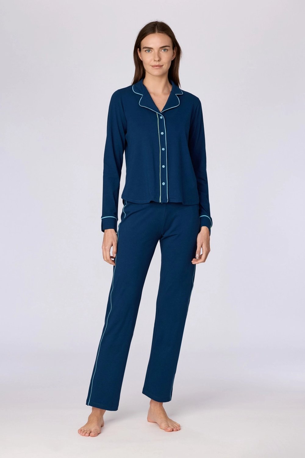 Woody pyjama dames doorknoop - donkerblauw - 262-15-XPE-Z/881