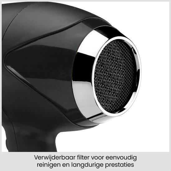 Filtre amovible à l'arrière du sèche-cheveux noir pour un nettoyage facile.