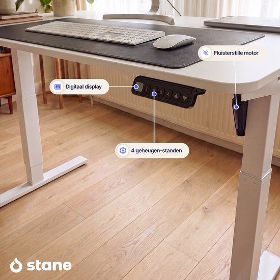 Detailopname van het Stane bedieningspaneel met digitaal display, 4 geheugenstanden en fluisterstille motor.