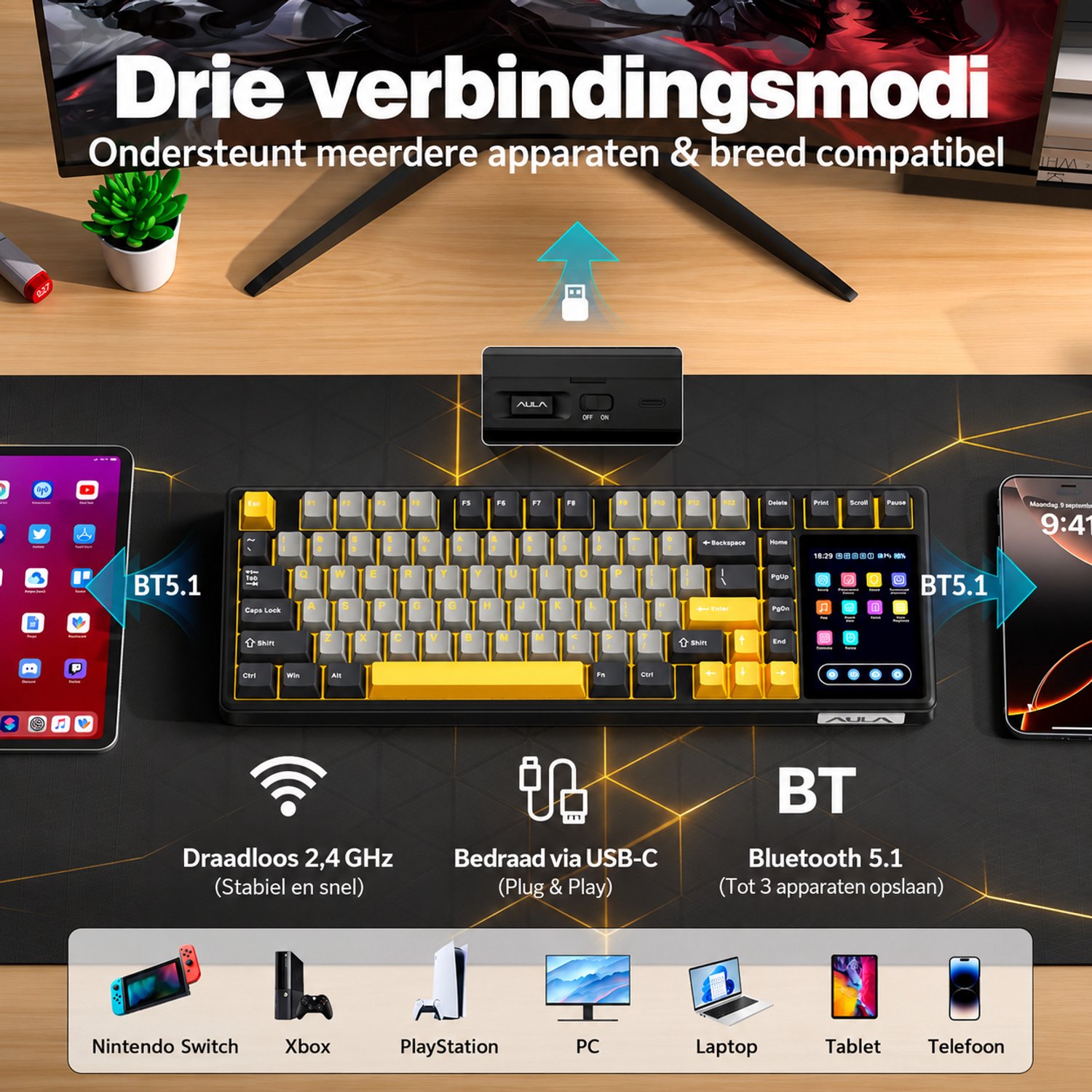 EPOMAKER x AULA L99 - Grijs / Geel - Mechanisch Gaming Toetsenbord – 96% Layout – Groot LCD Display – RGB – Tri-Mode – Hot-Swappable – Draadloos & Bedraad thumbnail 3